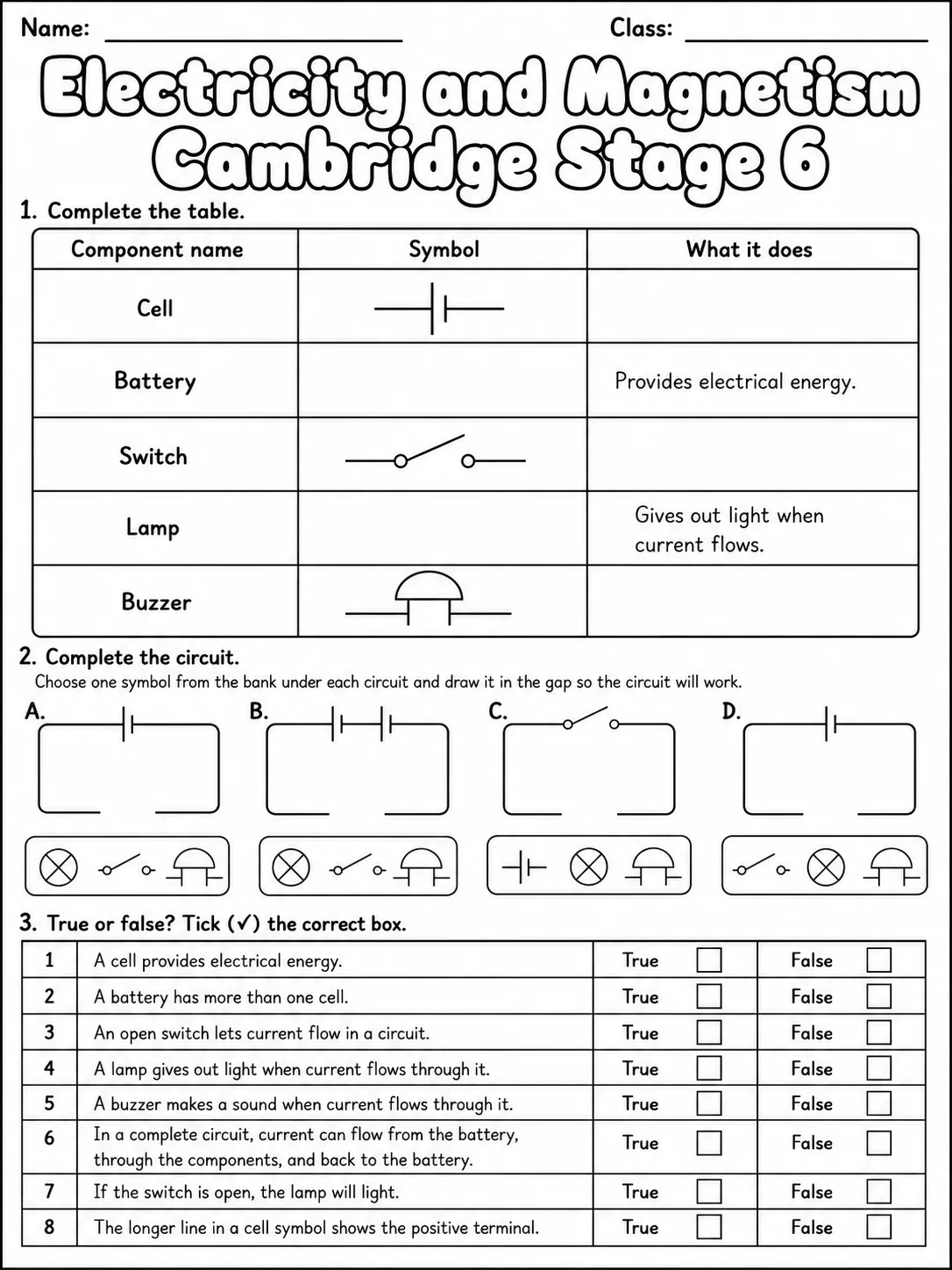 Electricity and Magnetism Cambridge Stage 6 page 3 printable Cambridge science worksheet preview