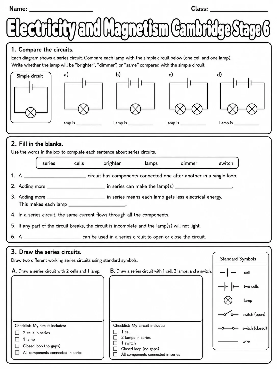 Electricity and Magnetism Cambridge Stage 6 page 4 printable Cambridge science worksheet preview