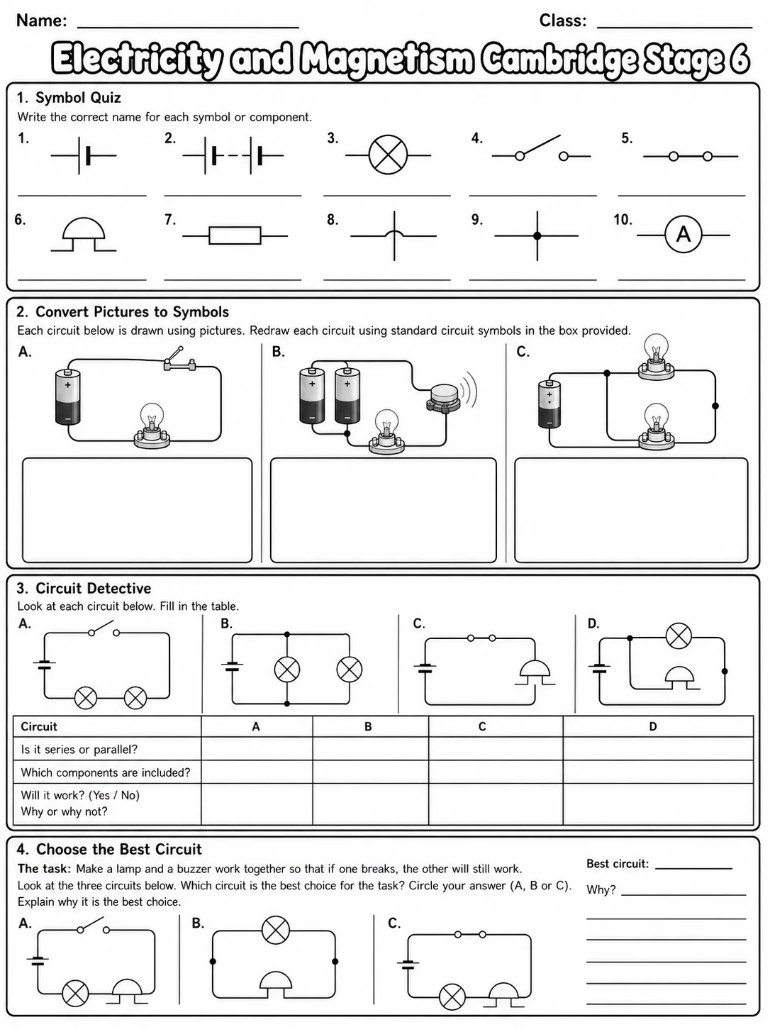 Electricity and Magnetism Cambridge Stage 6 page 6 printable Cambridge science worksheet preview