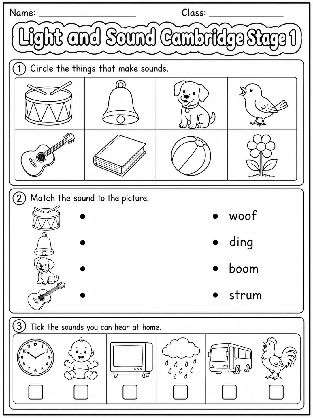 Light and Sound Cambridge Stage 1 printable Cambridge Primary Science Stage 1 worksheet preview from KiwiBee