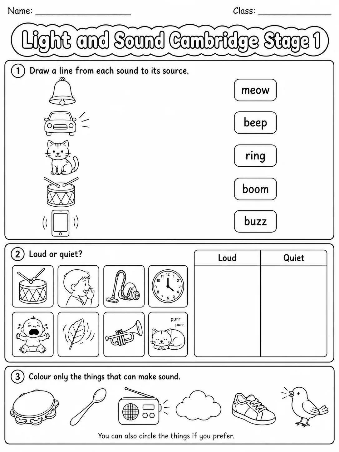 Light and Sound Cambridge Stage 1 page 2 printable Cambridge science worksheet preview