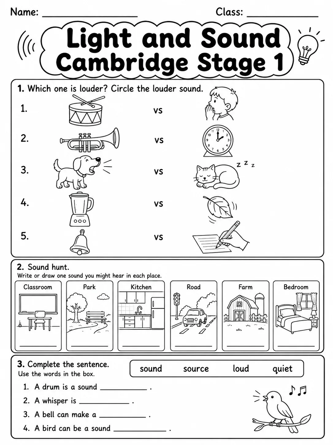 Light and Sound Cambridge Stage 1 page 3 printable Cambridge science worksheet preview
