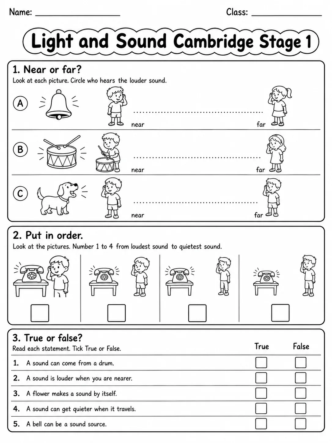 Light and Sound Cambridge Stage 1 page 4 printable Cambridge science worksheet preview