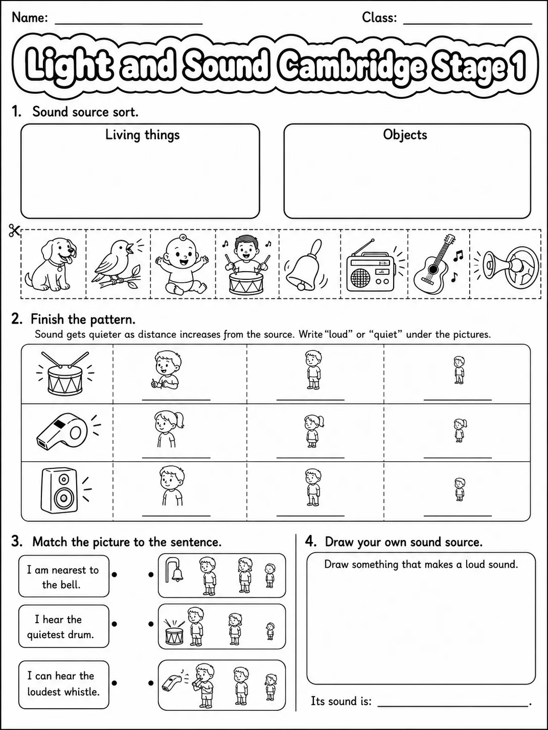 Light and Sound Cambridge Stage 1 page 5 printable Cambridge science worksheet preview