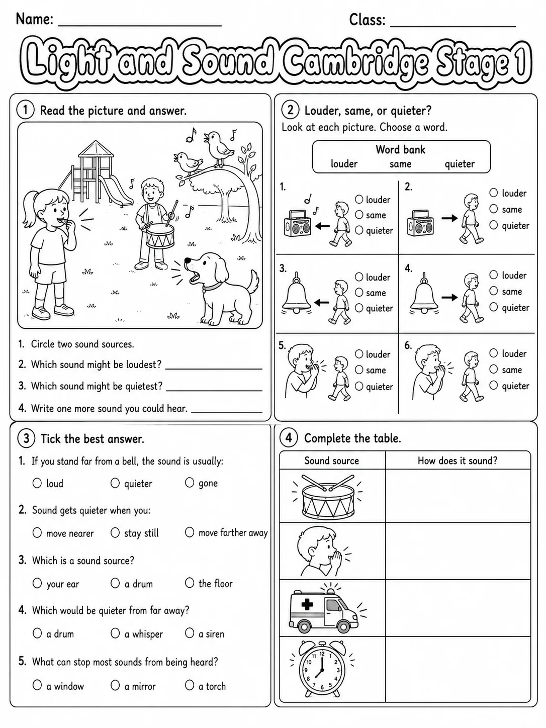 Light and Sound Cambridge Stage 1 page 6 printable Cambridge science worksheet preview