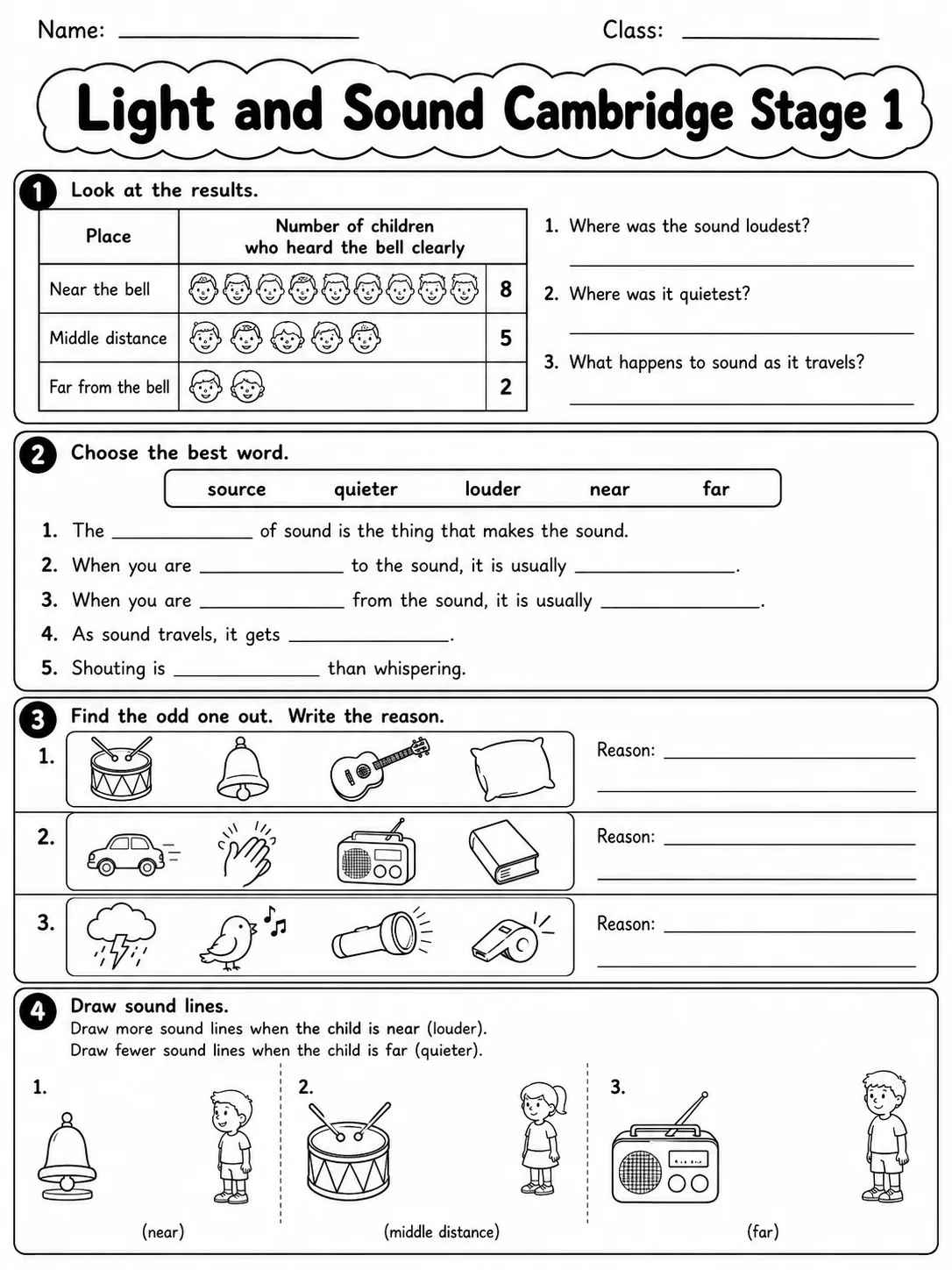 Light and Sound Cambridge Stage 1 page 7 printable Cambridge science worksheet preview