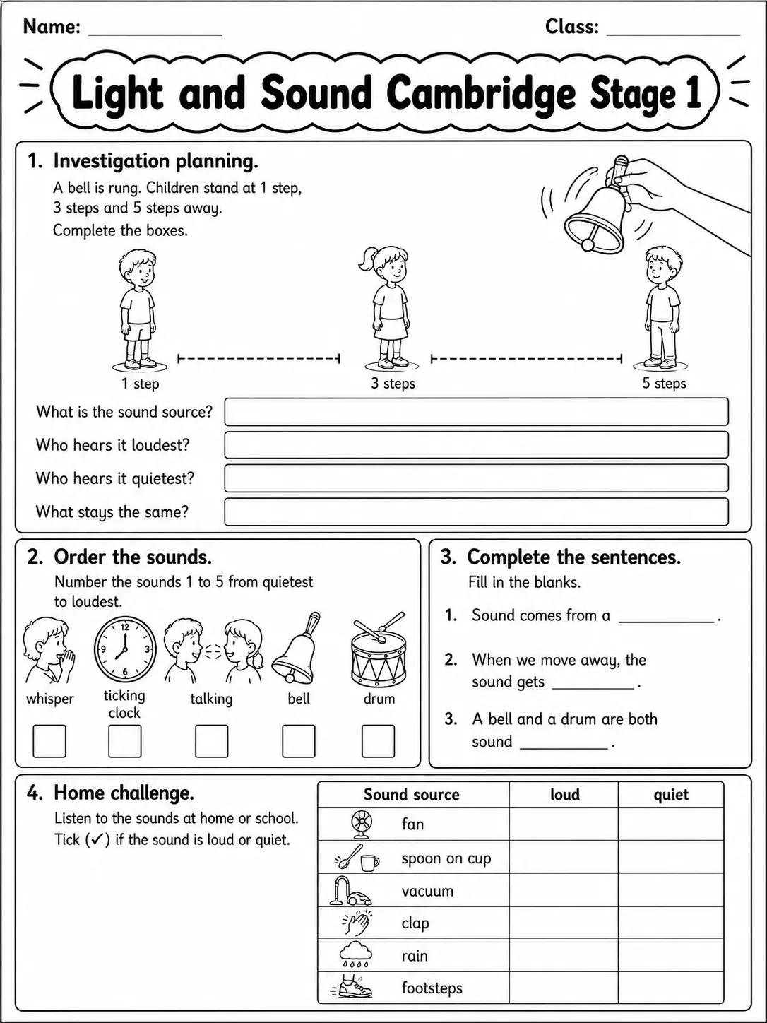 Light and Sound Cambridge Stage 1 page 8 printable Cambridge science worksheet preview