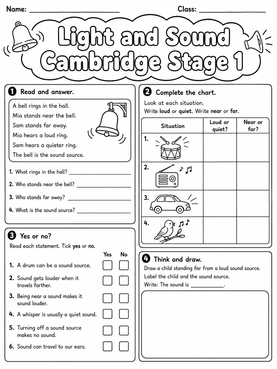 Light and Sound Cambridge Stage 1 page 9 printable Cambridge science worksheet preview