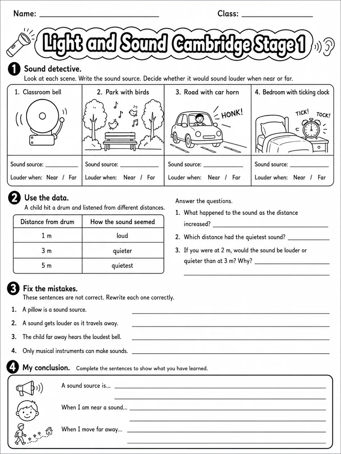 Light and Sound Cambridge Stage 1 page 10 printable Cambridge science worksheet preview
