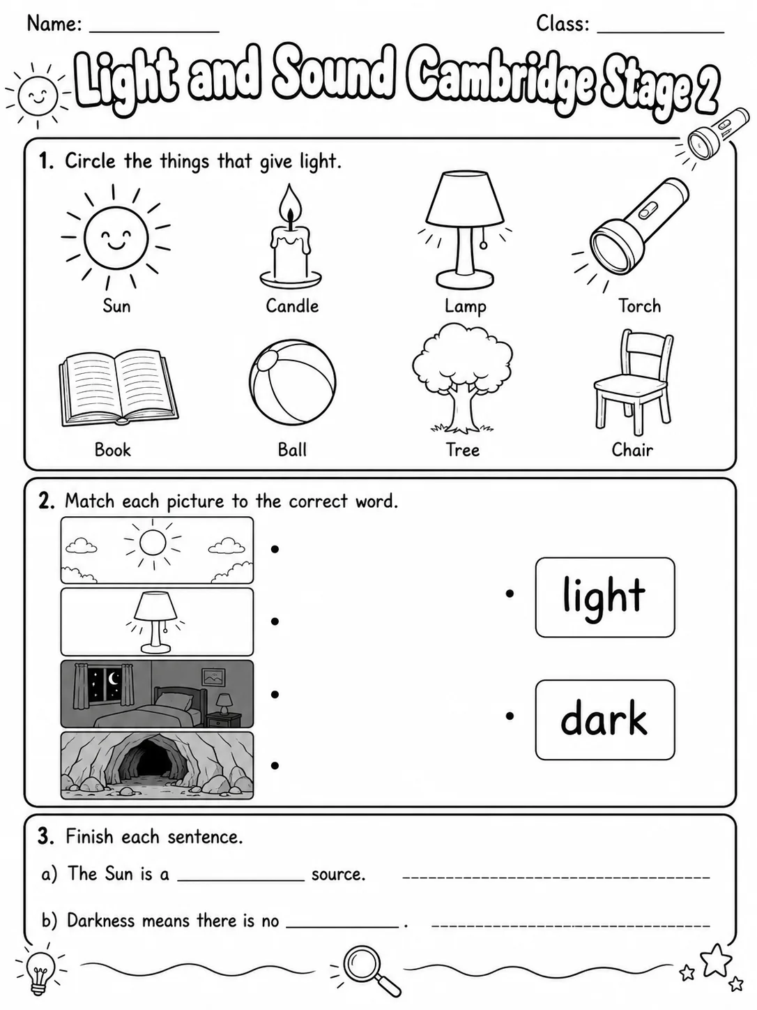 Light and Sound Cambridge Stage 2 printable Cambridge Primary Science Stage 2 worksheet preview from KiwiBee