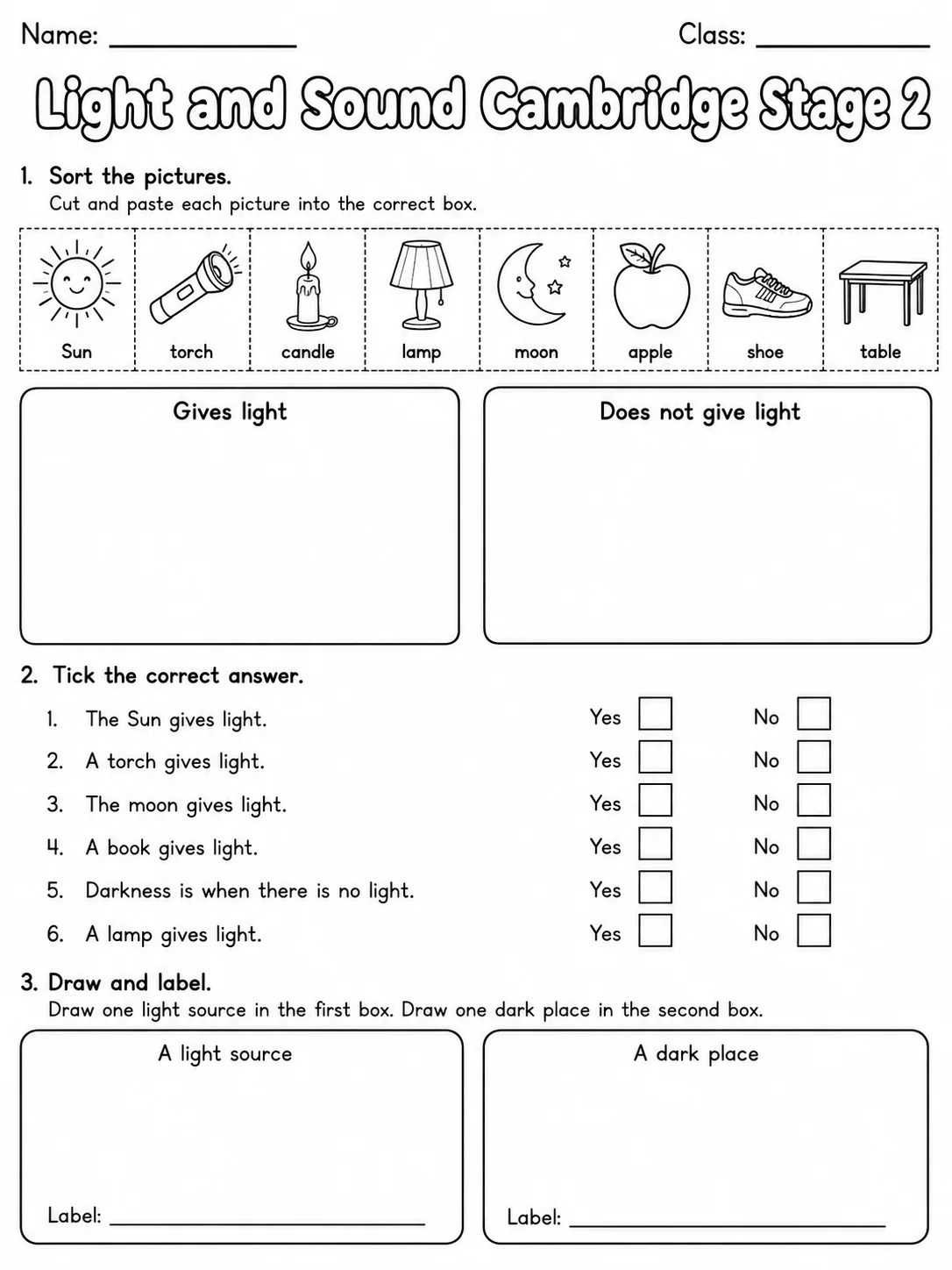 Light and Sound Cambridge Stage 2 page 2 printable Cambridge science worksheet preview