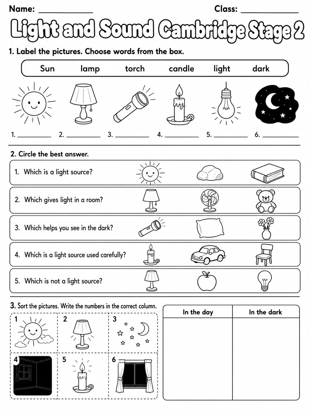 Light and Sound Cambridge Stage 2 page 3 printable Cambridge science worksheet preview