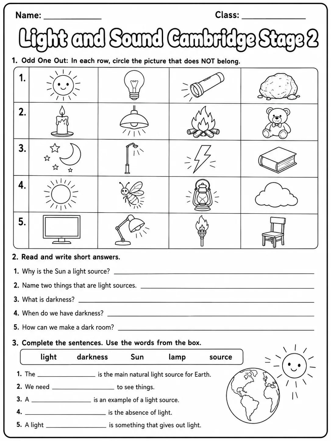 Light and Sound Cambridge Stage 2 page 4 printable Cambridge science worksheet preview