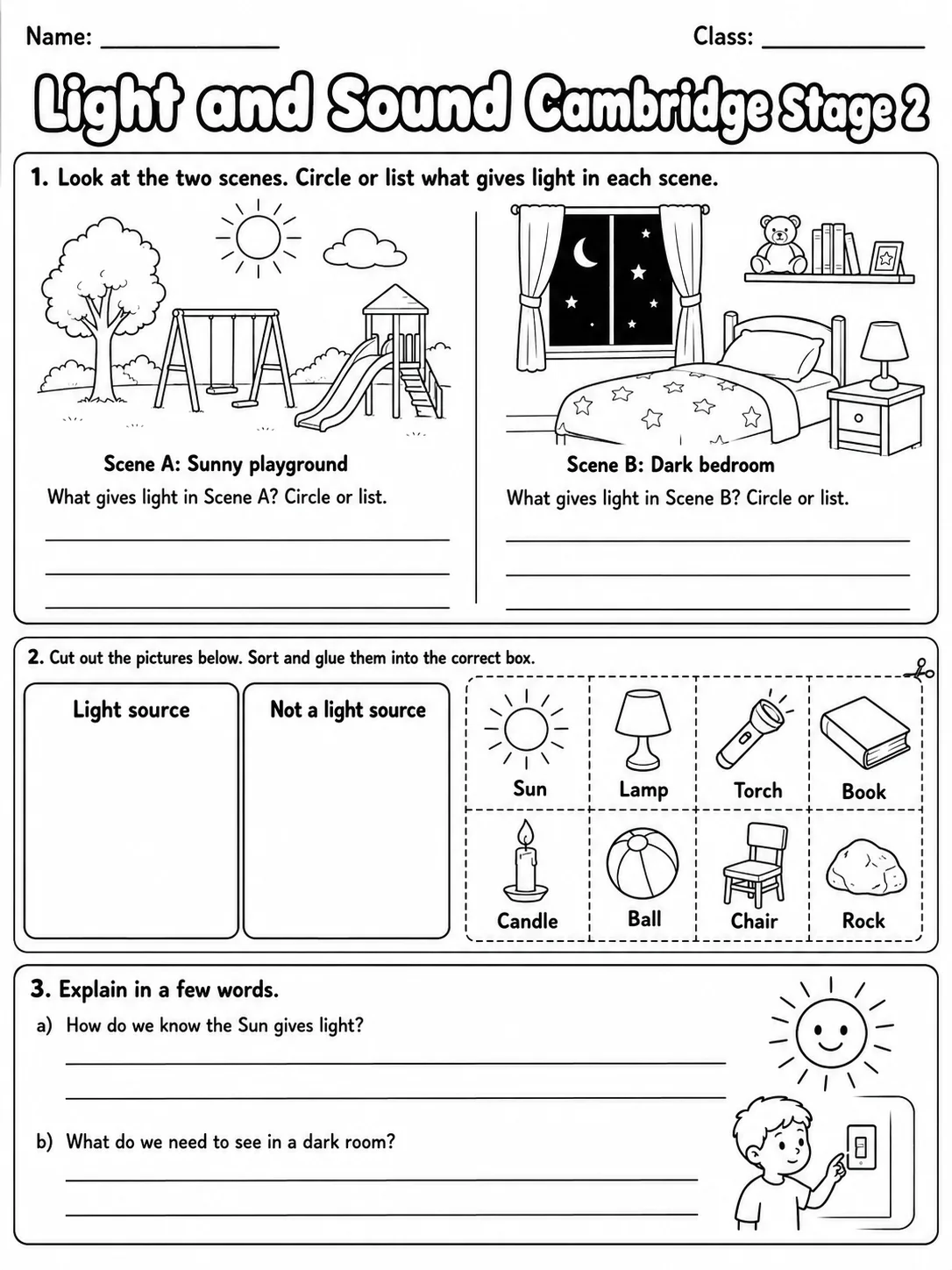 Light and Sound Cambridge Stage 2 page 5 printable Cambridge science worksheet preview