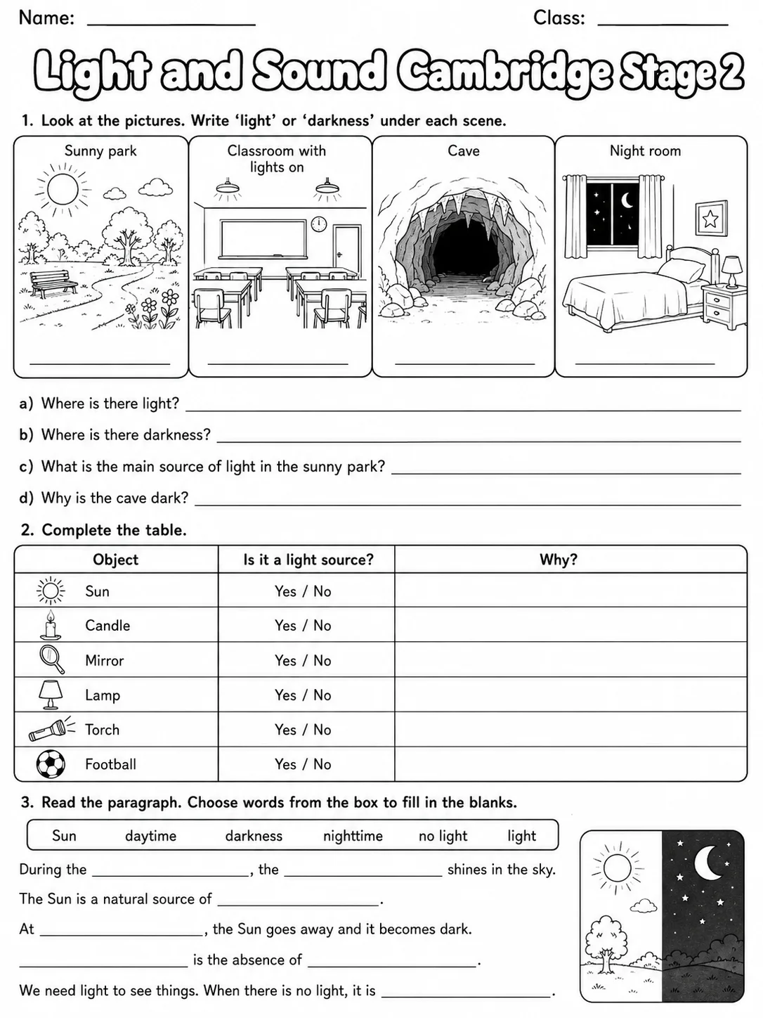 Light and Sound Cambridge Stage 2 page 6 printable Cambridge science worksheet preview