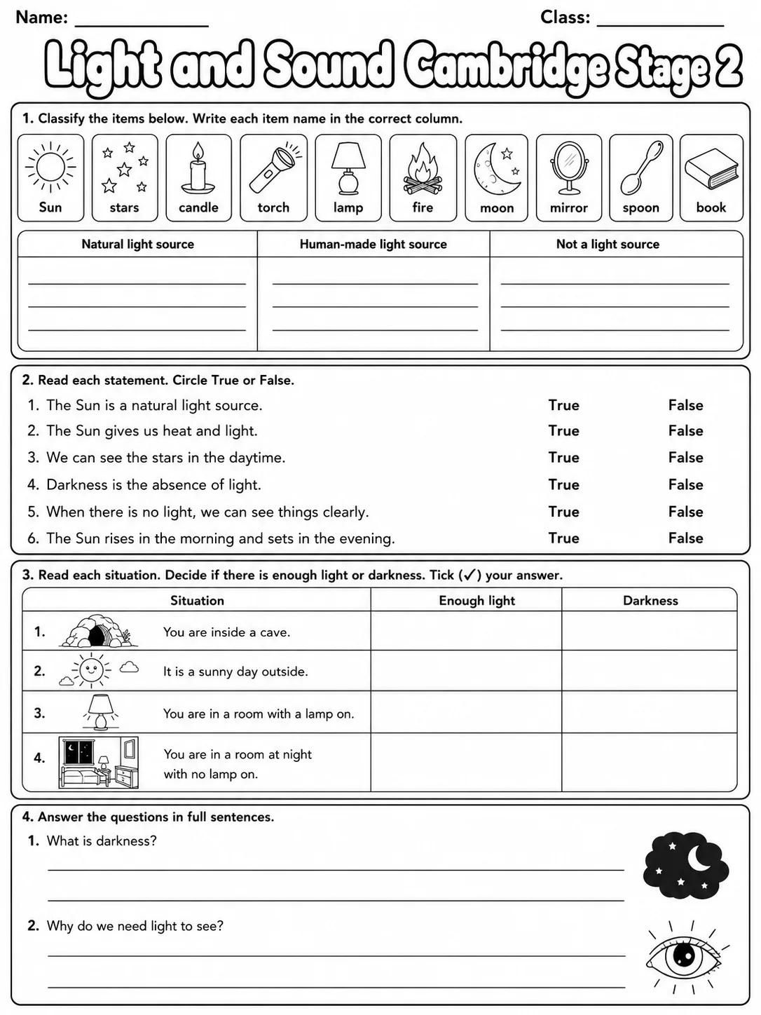 Light and Sound Cambridge Stage 2 page 7 printable Cambridge science worksheet preview