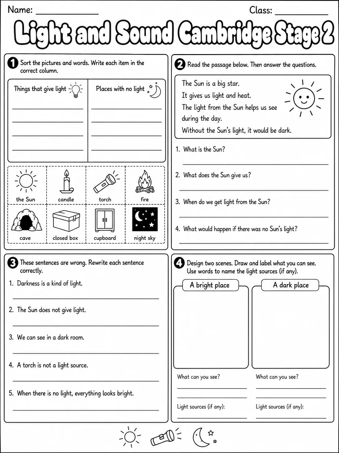 Light and Sound Cambridge Stage 2 page 8 printable Cambridge science worksheet preview
