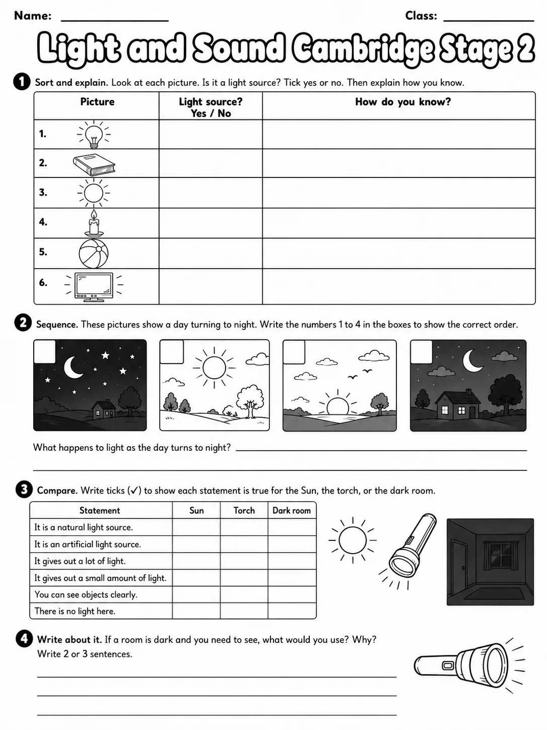 Light and Sound Cambridge Stage 2 page 9 printable Cambridge science worksheet preview