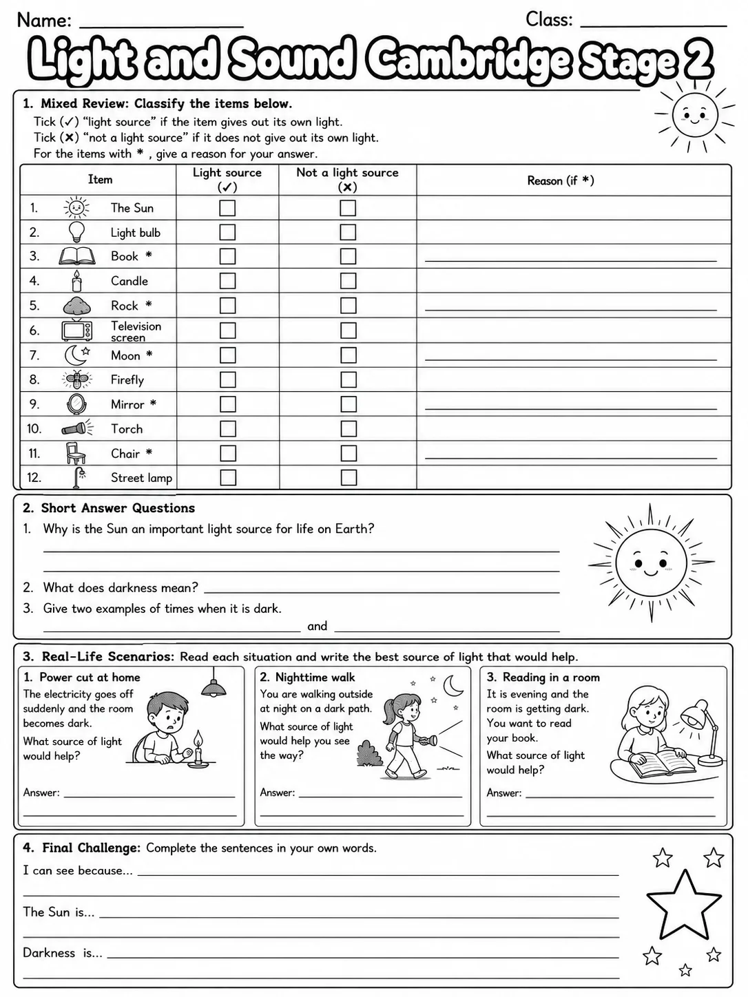 Light and Sound Cambridge Stage 2 page 10 printable Cambridge science worksheet preview