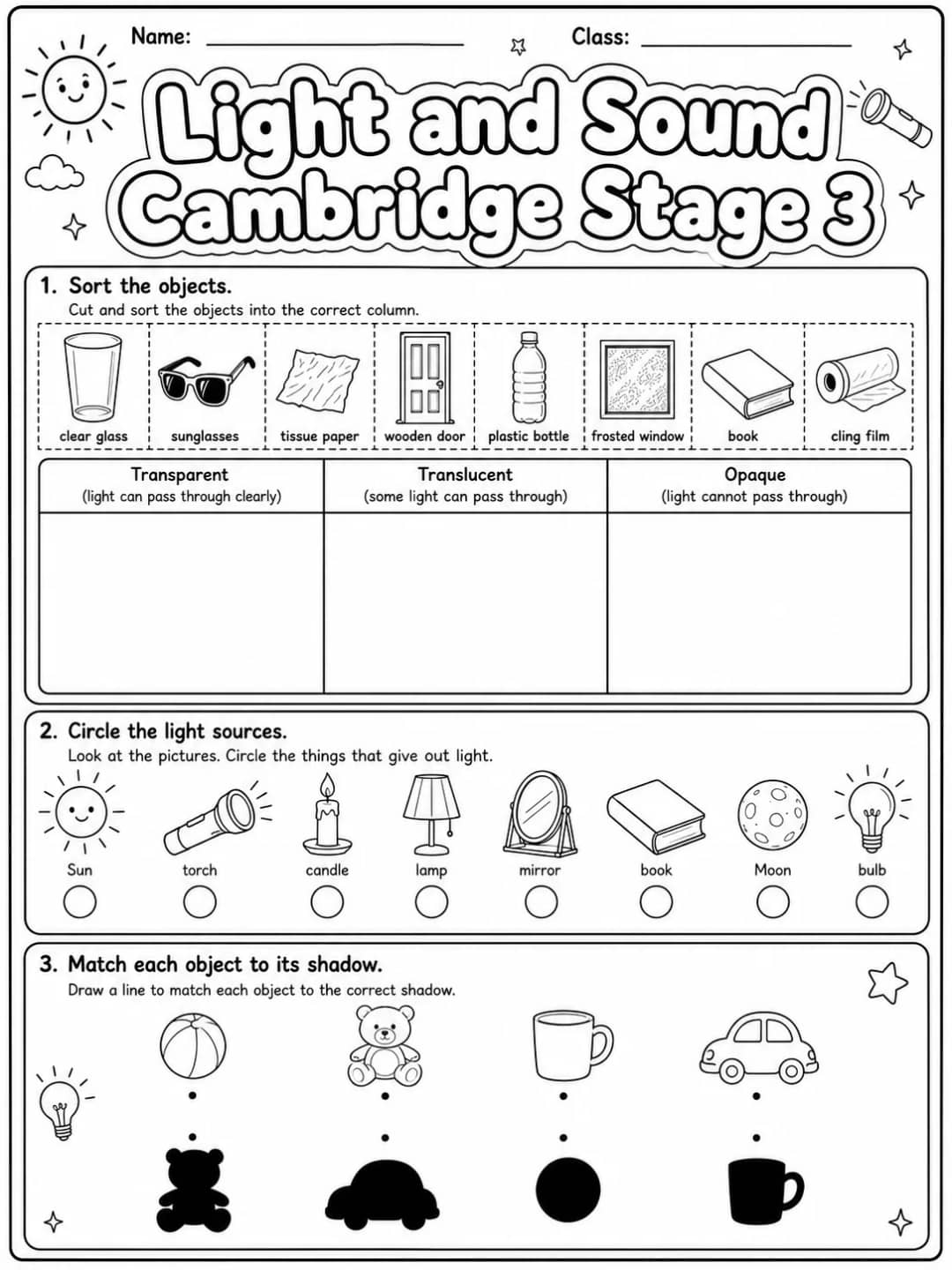 Light and Sound Cambridge Stage 3 printable Cambridge Primary Science Stage 3 worksheet preview from KiwiBee