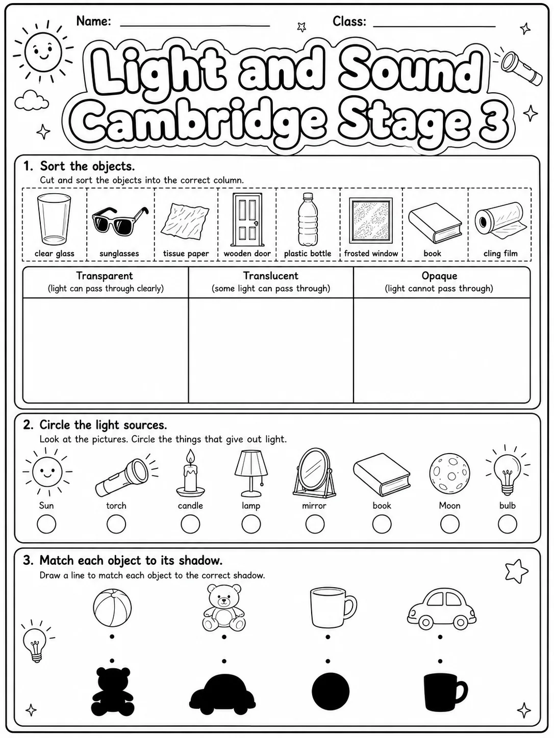 Light and Sound Cambridge Stage 3 printable Cambridge Primary Science Stage 3 worksheet preview from KiwiBee