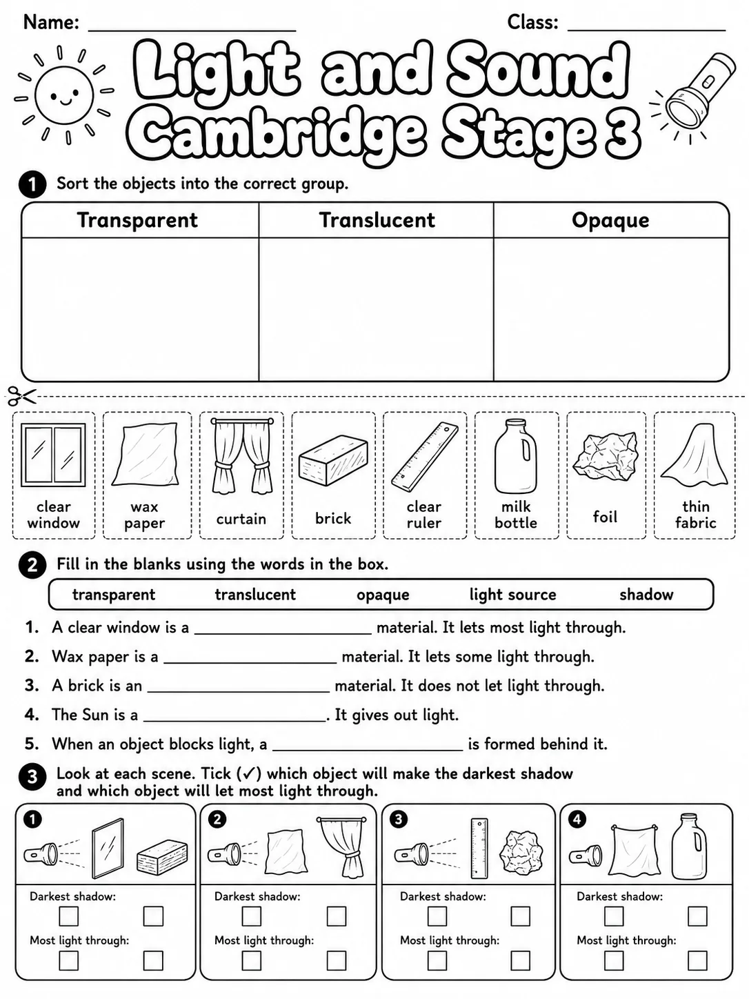 Light and Sound Cambridge Stage 3 page 2 printable Cambridge science worksheet preview