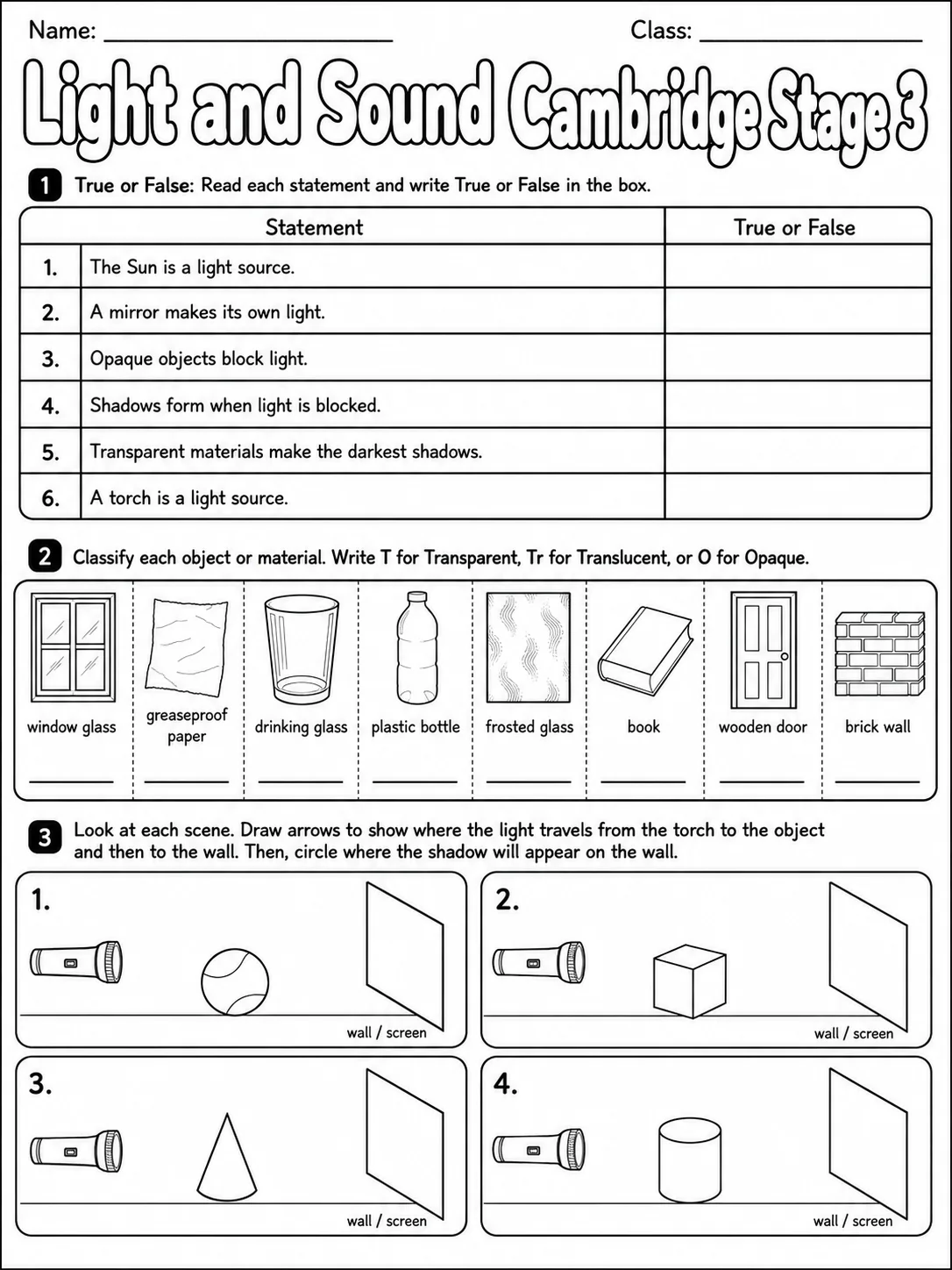 Light and Sound Cambridge Stage 3 page 3 printable Cambridge science worksheet preview