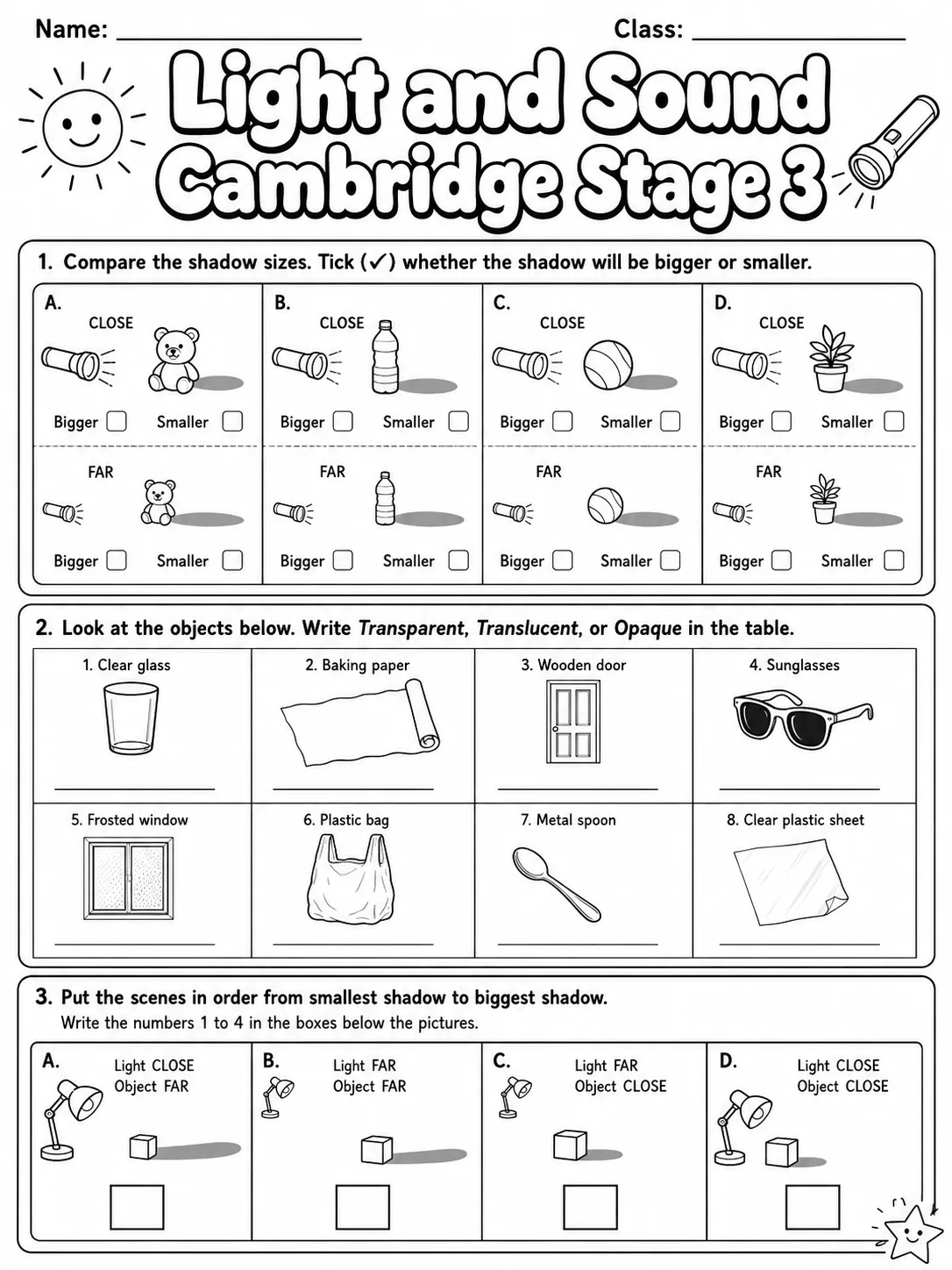 Light and Sound Cambridge Stage 3 page 4 printable Cambridge science worksheet preview