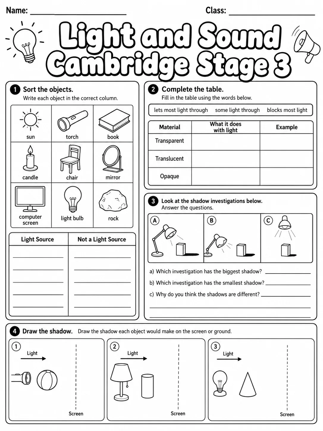 Light and Sound Cambridge Stage 3 page 5 printable Cambridge science worksheet preview