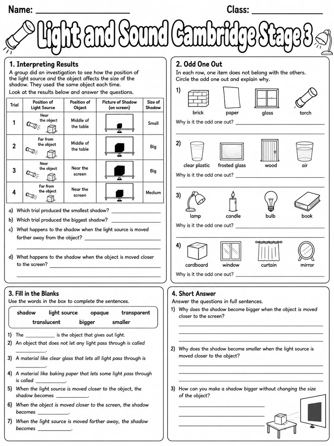 Light and Sound Cambridge Stage 3 page 6 printable Cambridge science worksheet preview