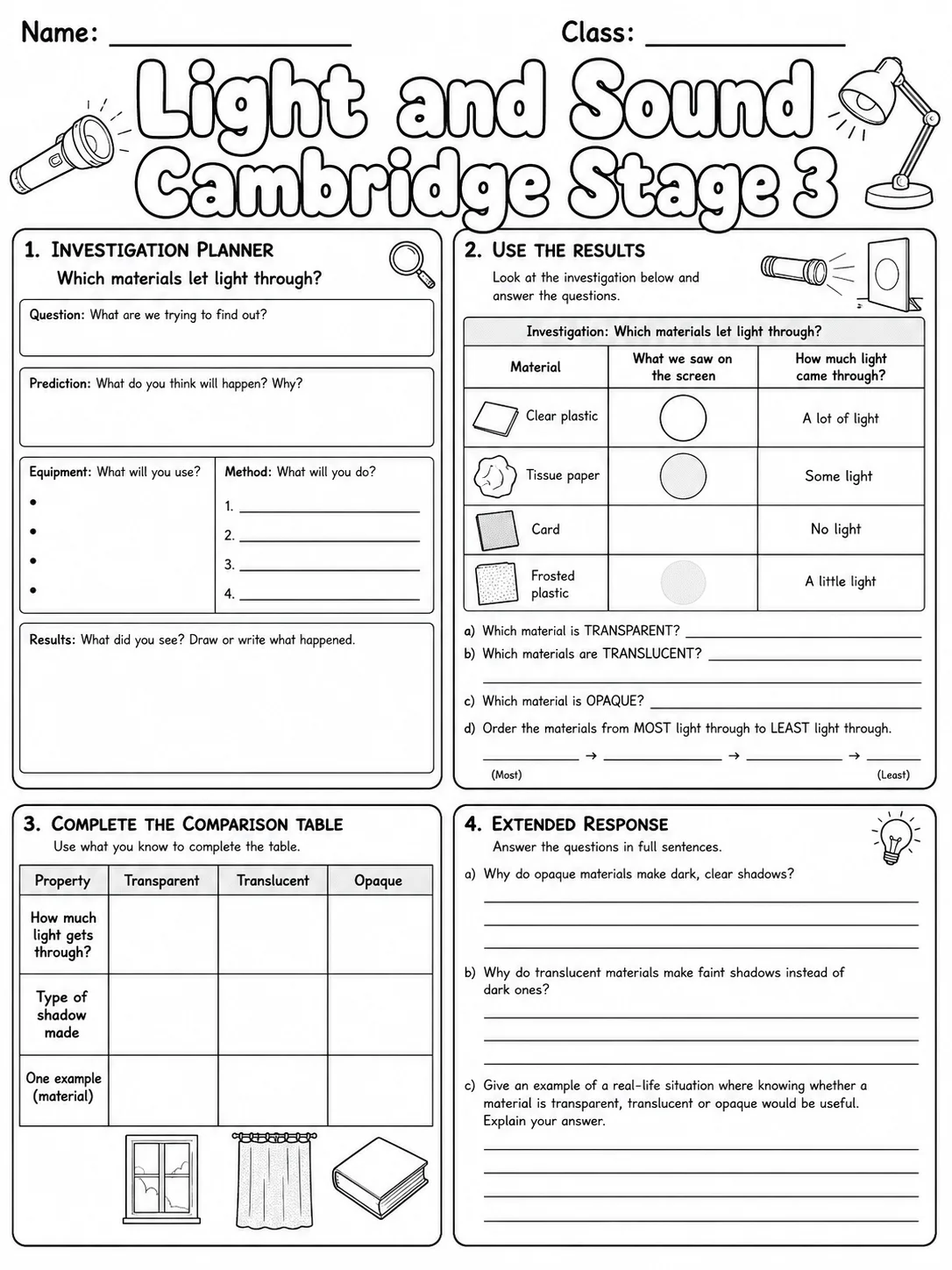 Light and Sound Cambridge Stage 3 page 7 printable Cambridge science worksheet preview