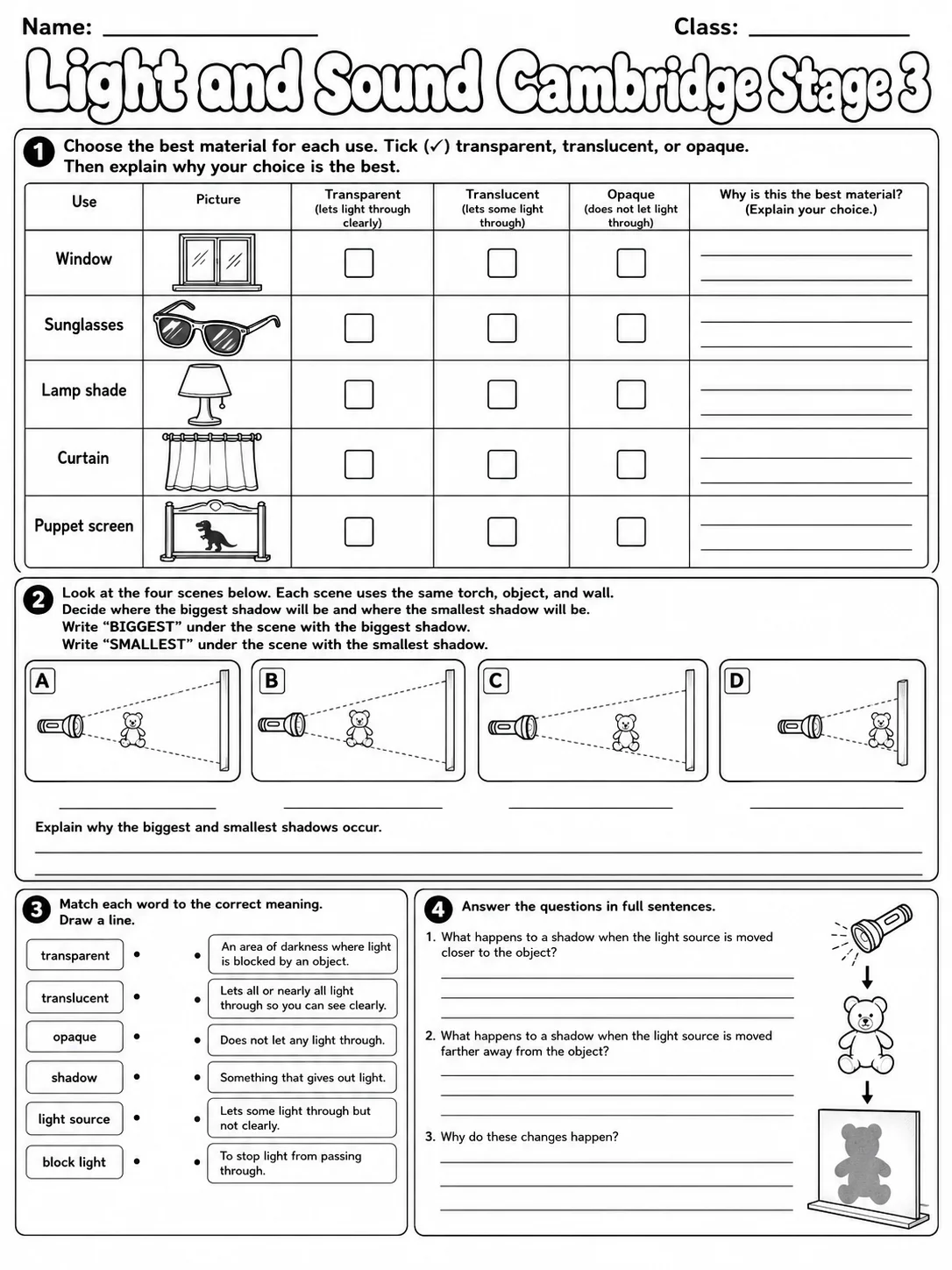 Light and Sound Cambridge Stage 3 page 8 printable Cambridge science worksheet preview