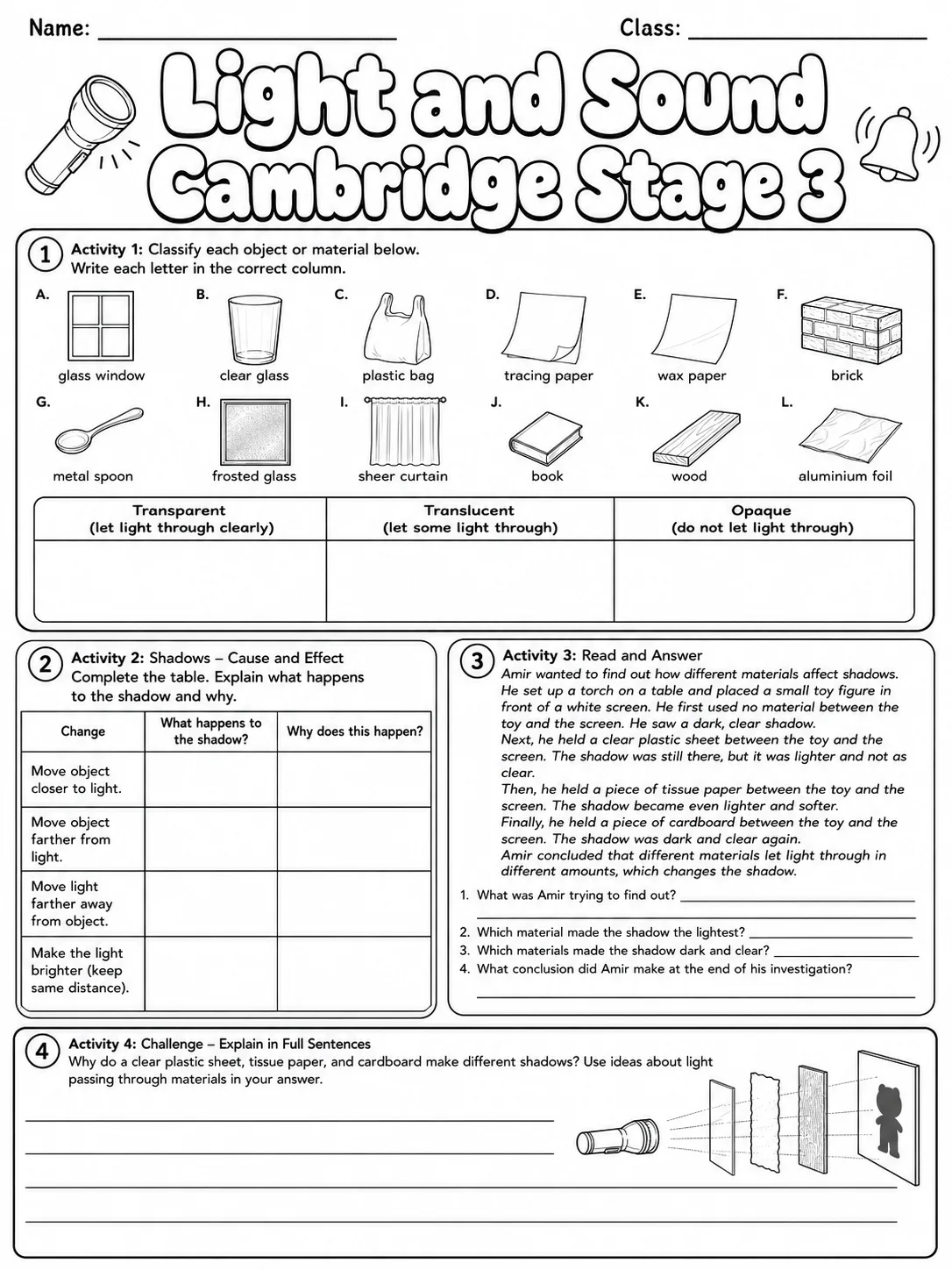 Light and Sound Cambridge Stage 3 page 9 printable Cambridge science worksheet preview