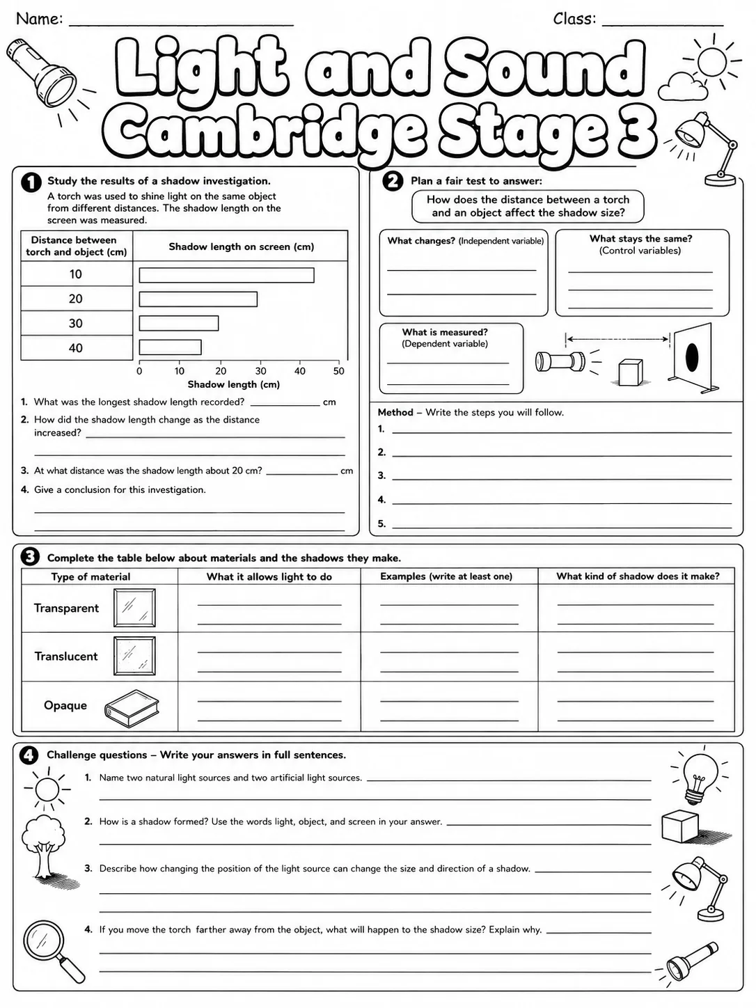 Light and Sound Cambridge Stage 3 page 10 printable Cambridge science worksheet preview