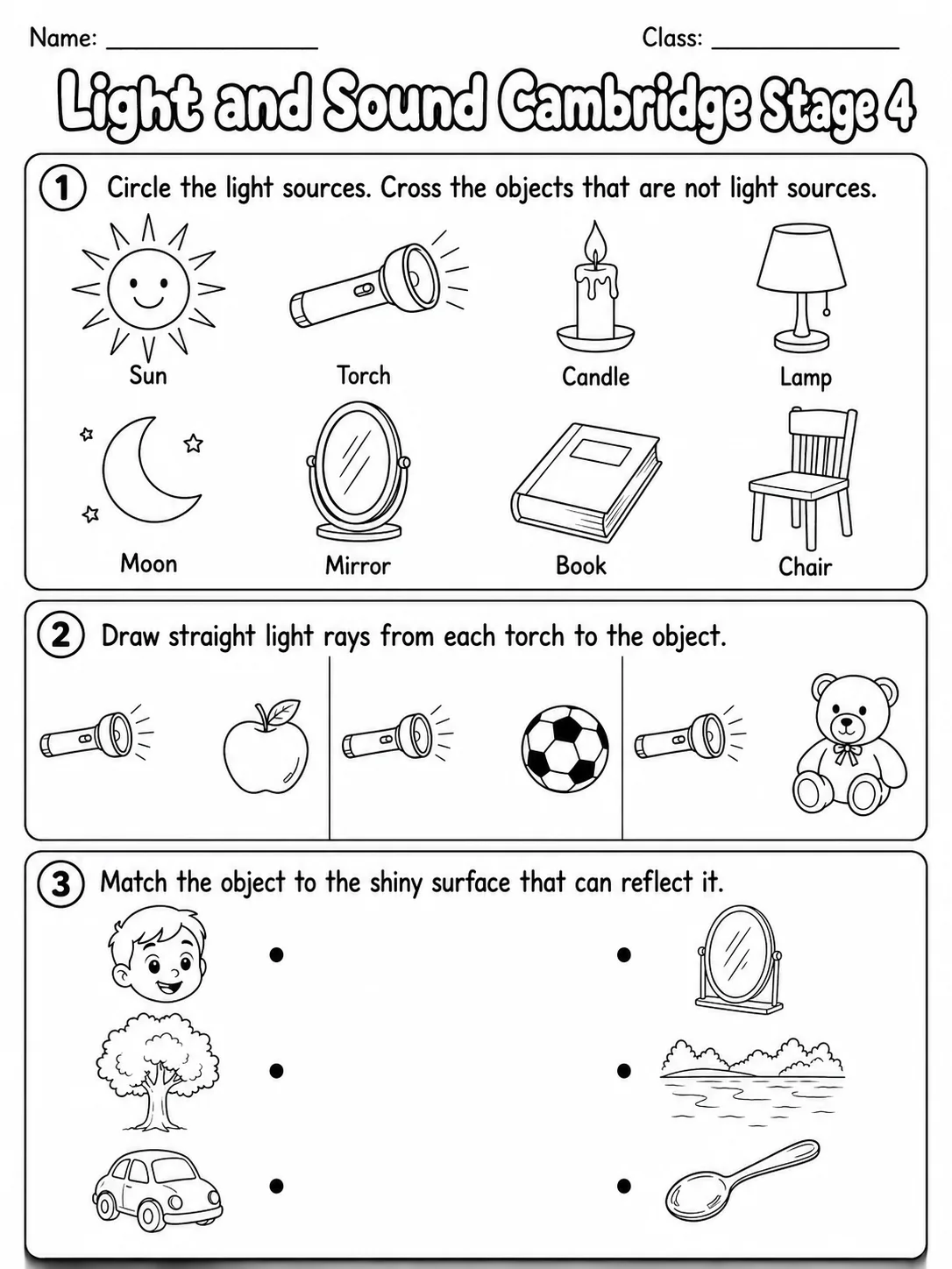 Light and Sound Cambridge Stage 4 printable Cambridge Primary Science Stage 4 worksheet preview from KiwiBee