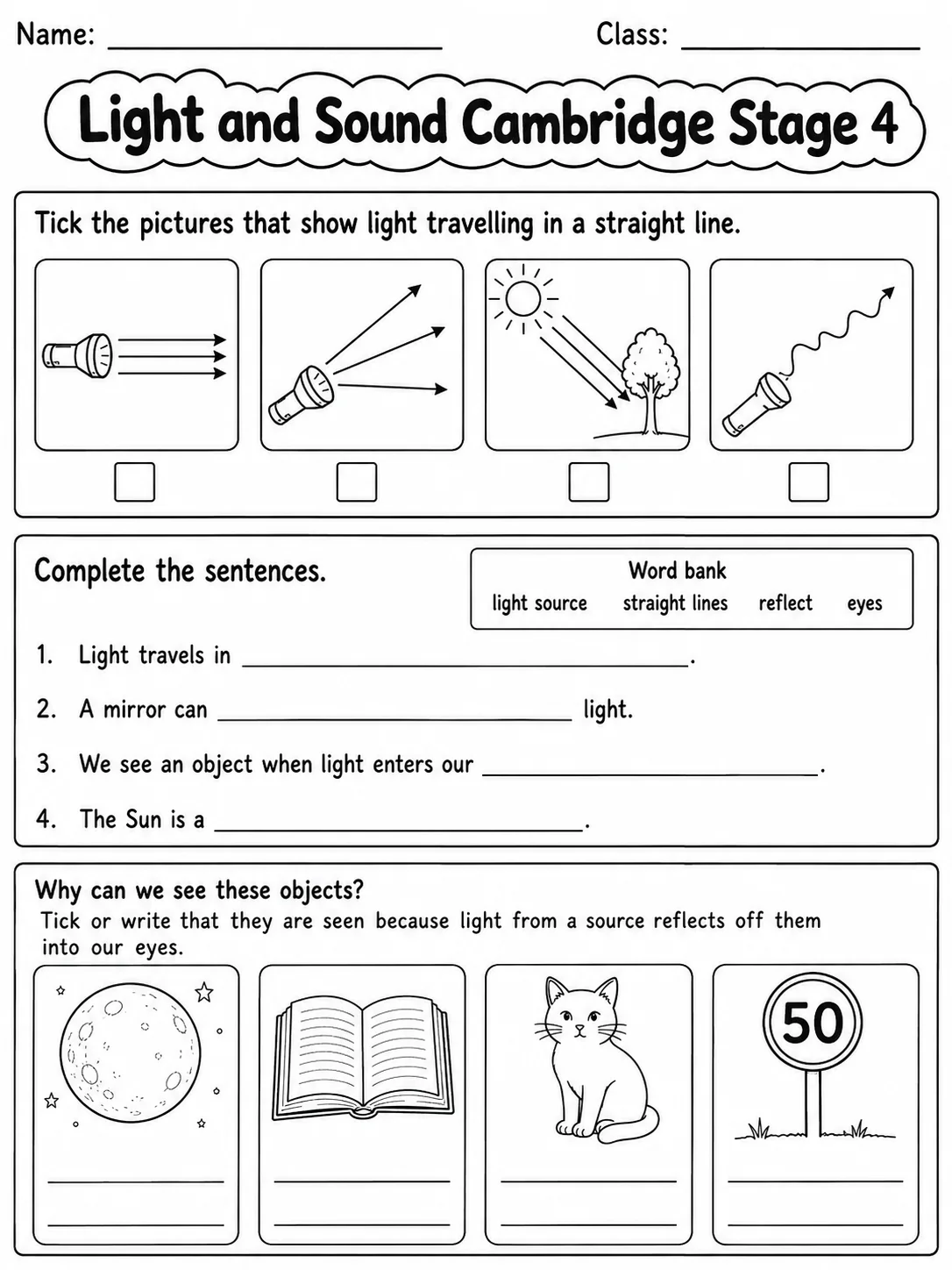 Light and Sound Cambridge Stage 4 page 2 printable Cambridge science worksheet preview