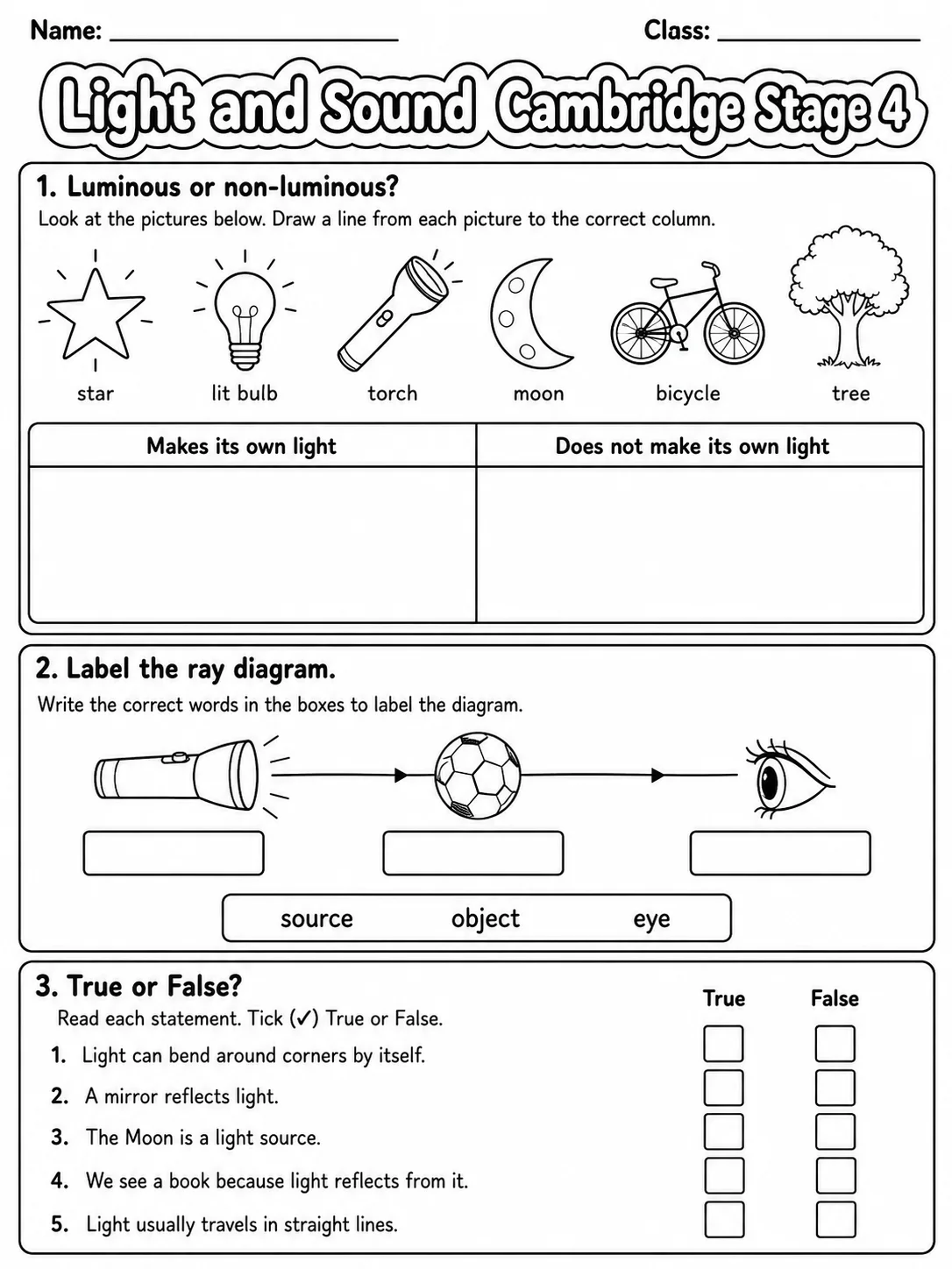 Light and Sound Cambridge Stage 4 page 3 printable Cambridge science worksheet preview