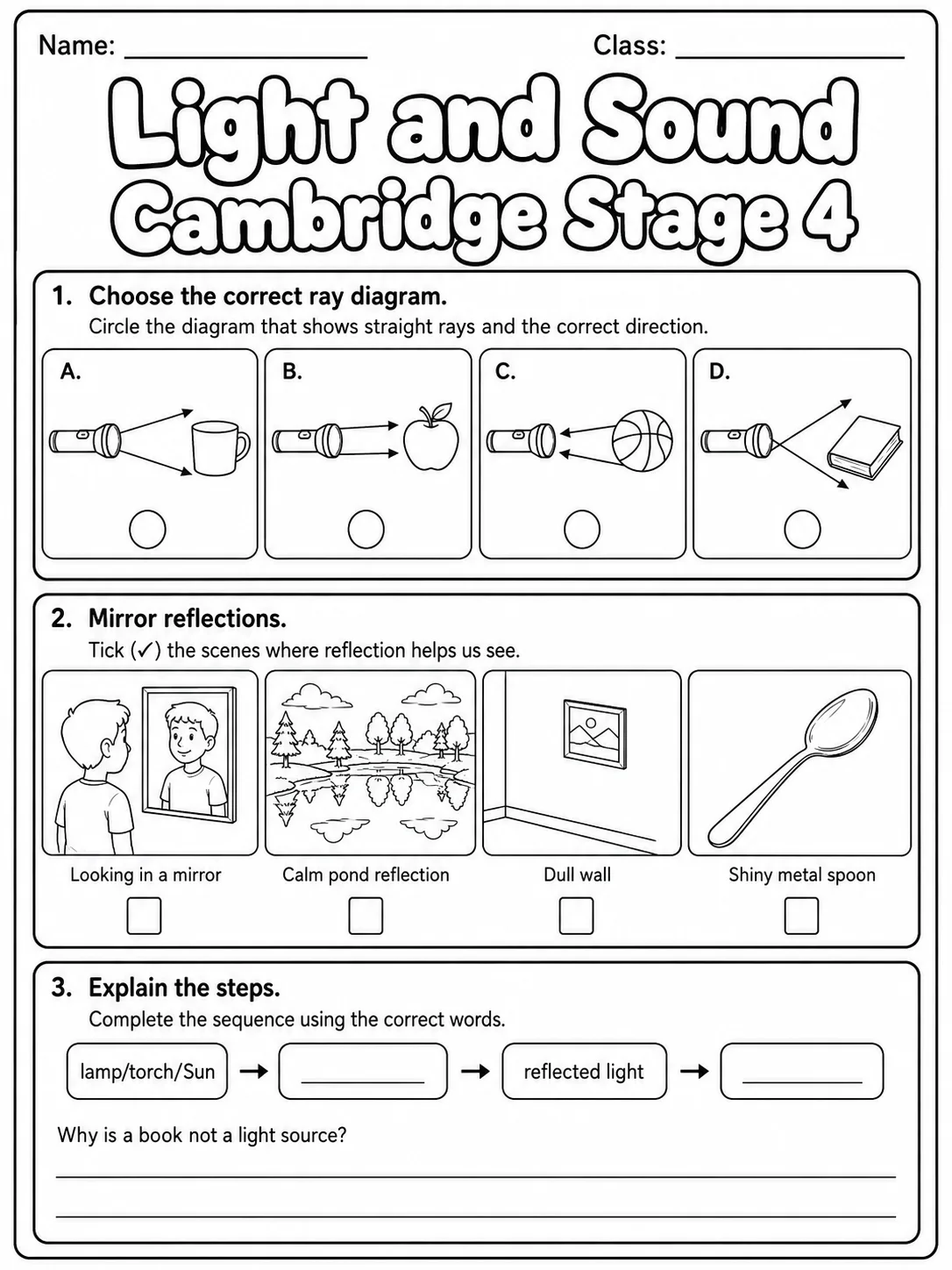 Light and Sound Cambridge Stage 4 page 4 printable Cambridge science worksheet preview