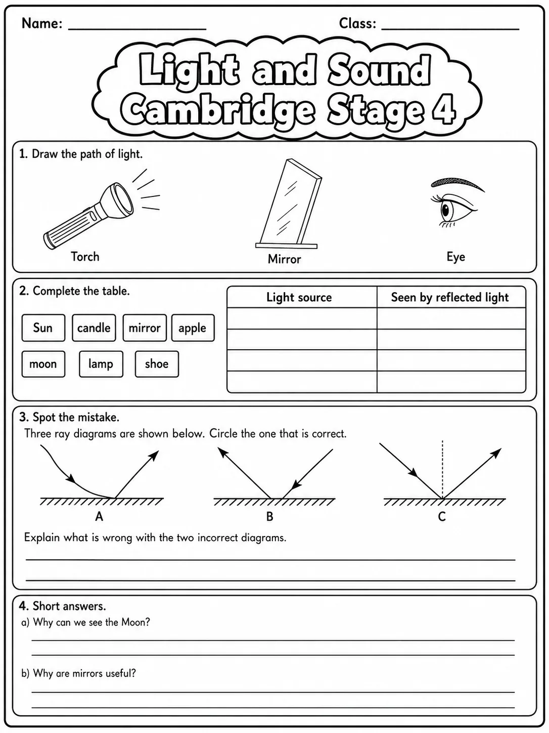 Light and Sound Cambridge Stage 4 page 5 printable Cambridge science worksheet preview