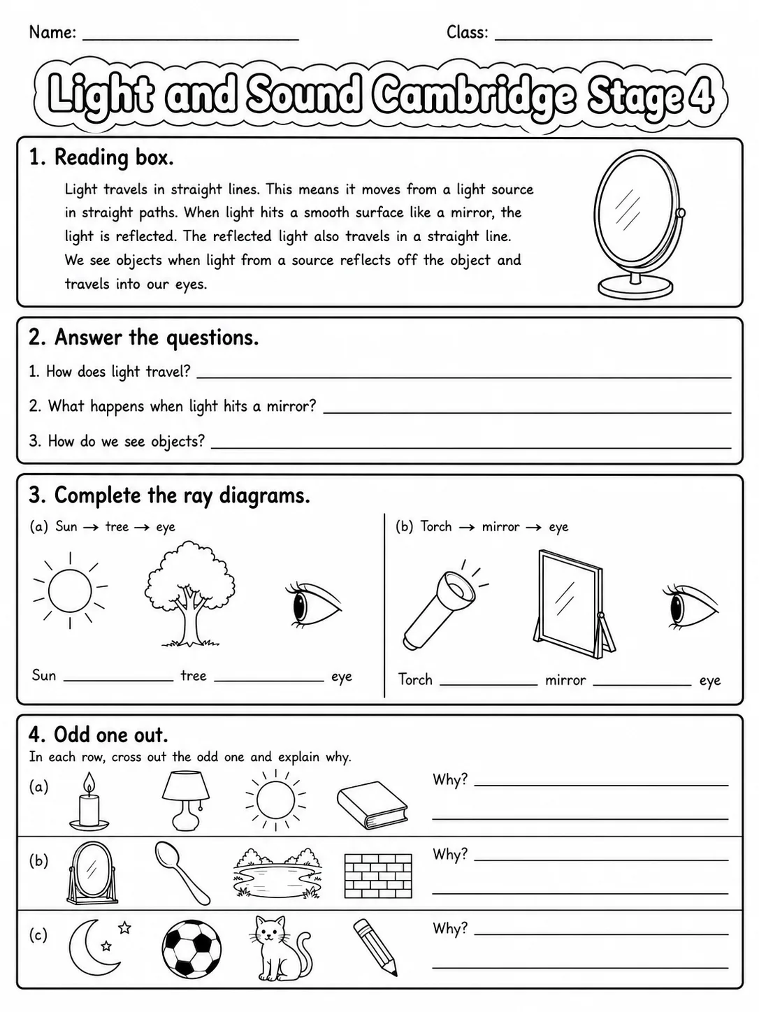 Light and Sound Cambridge Stage 4 page 6 printable Cambridge science worksheet preview