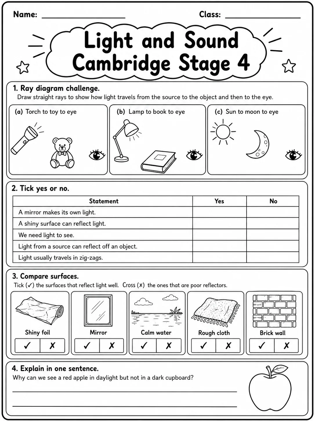 Light and Sound Cambridge Stage 4 page 7 printable Cambridge science worksheet preview