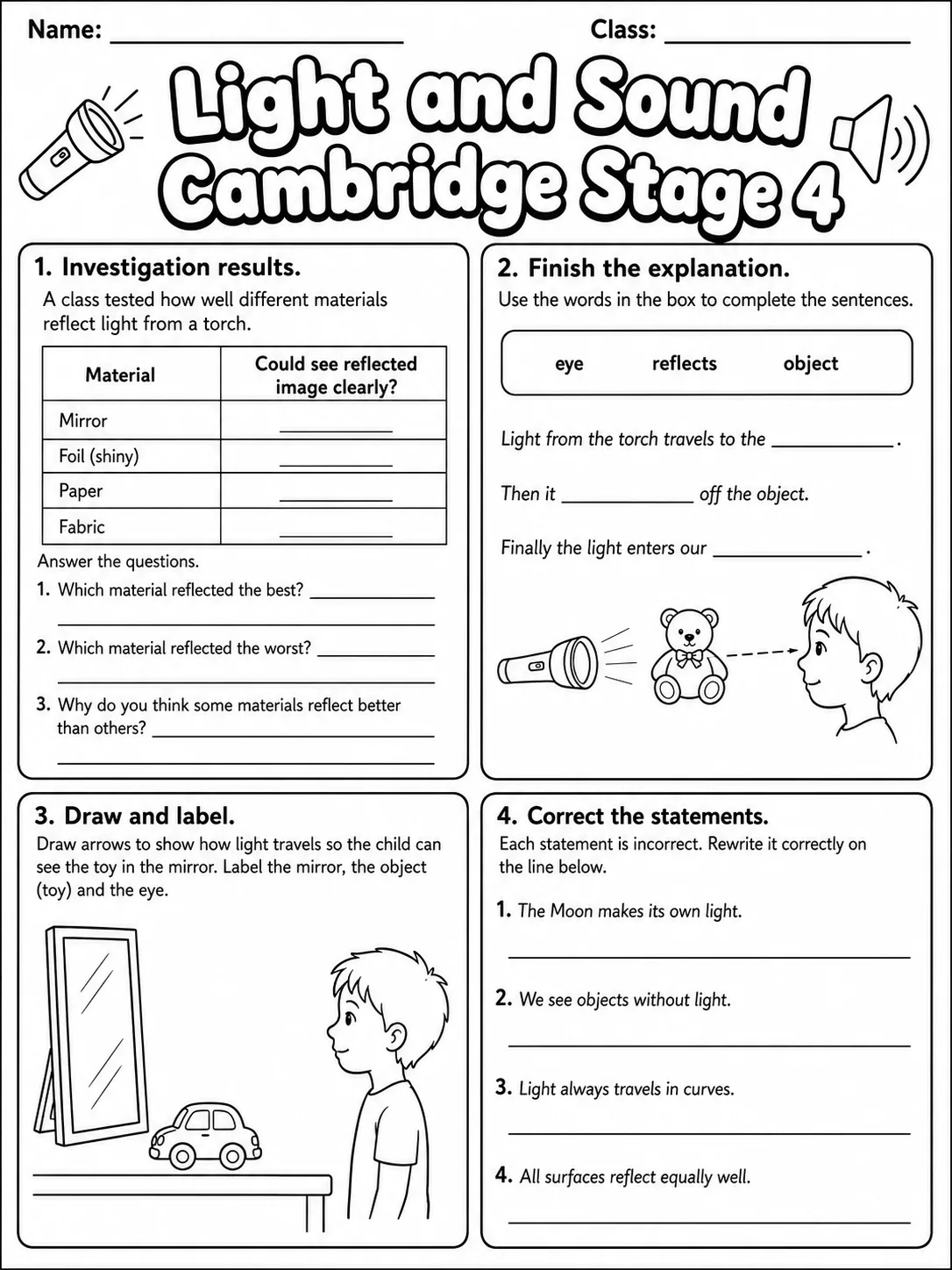 Light and Sound Cambridge Stage 4 page 8 printable Cambridge science worksheet preview