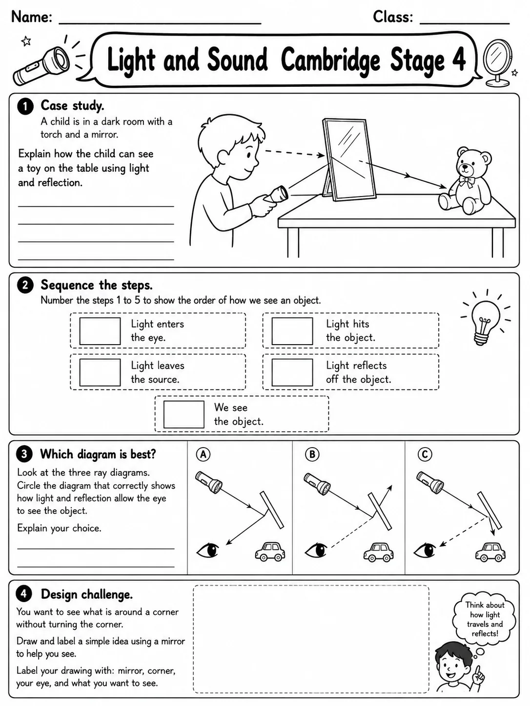 Light and Sound Cambridge Stage 4 page 9 printable Cambridge science worksheet preview