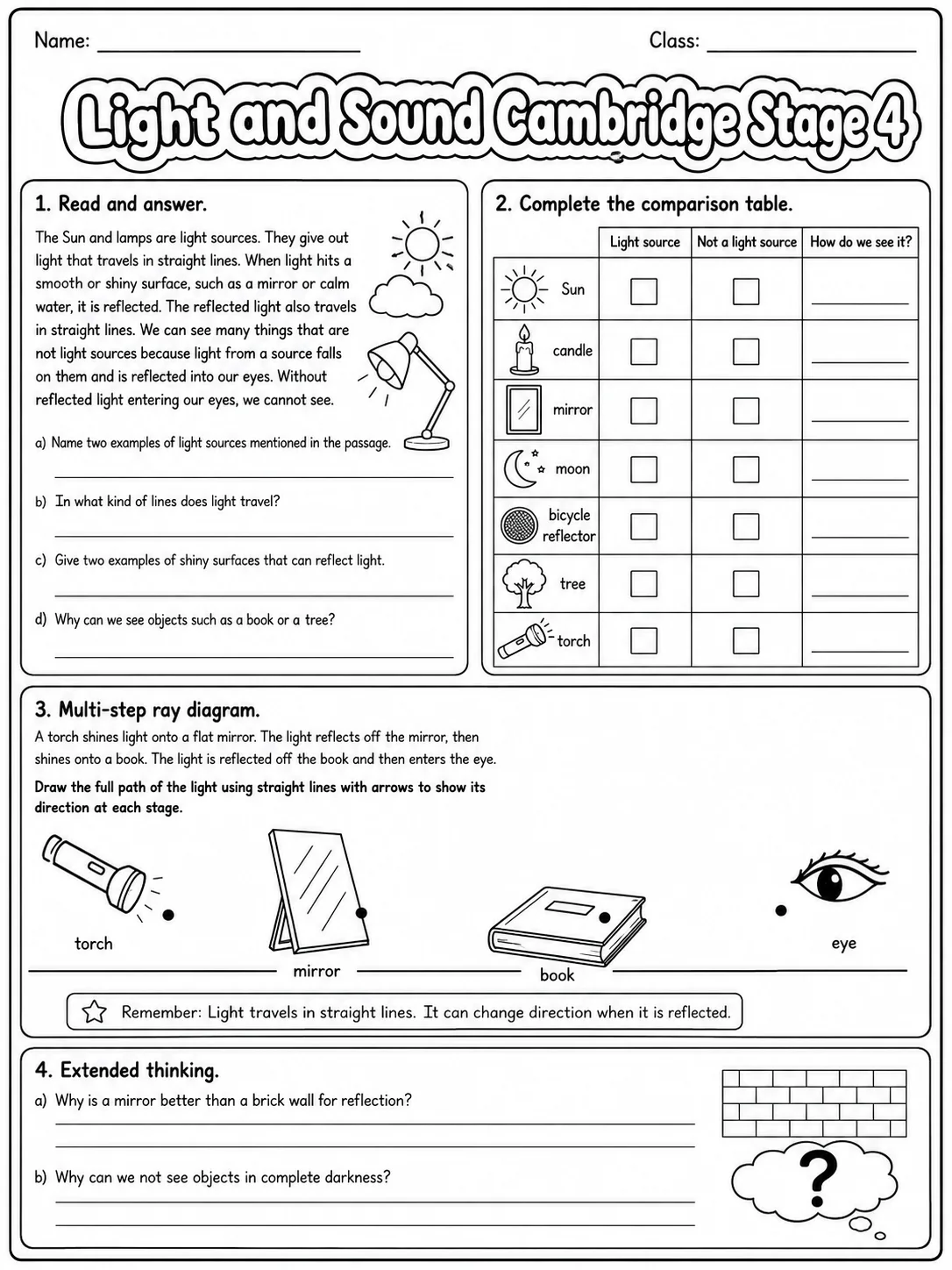 Light and Sound Cambridge Stage 4 page 10 printable Cambridge science worksheet preview