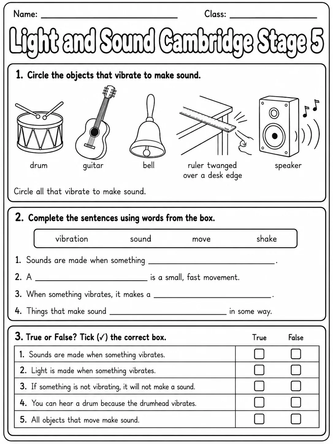 Light and Sound Cambridge Stage 5 printable Cambridge Primary Science Stage 5 worksheet preview from KiwiBee