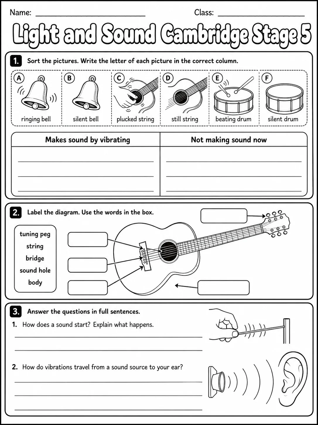 Light and Sound Cambridge Stage 5 page 2 printable Cambridge science worksheet preview