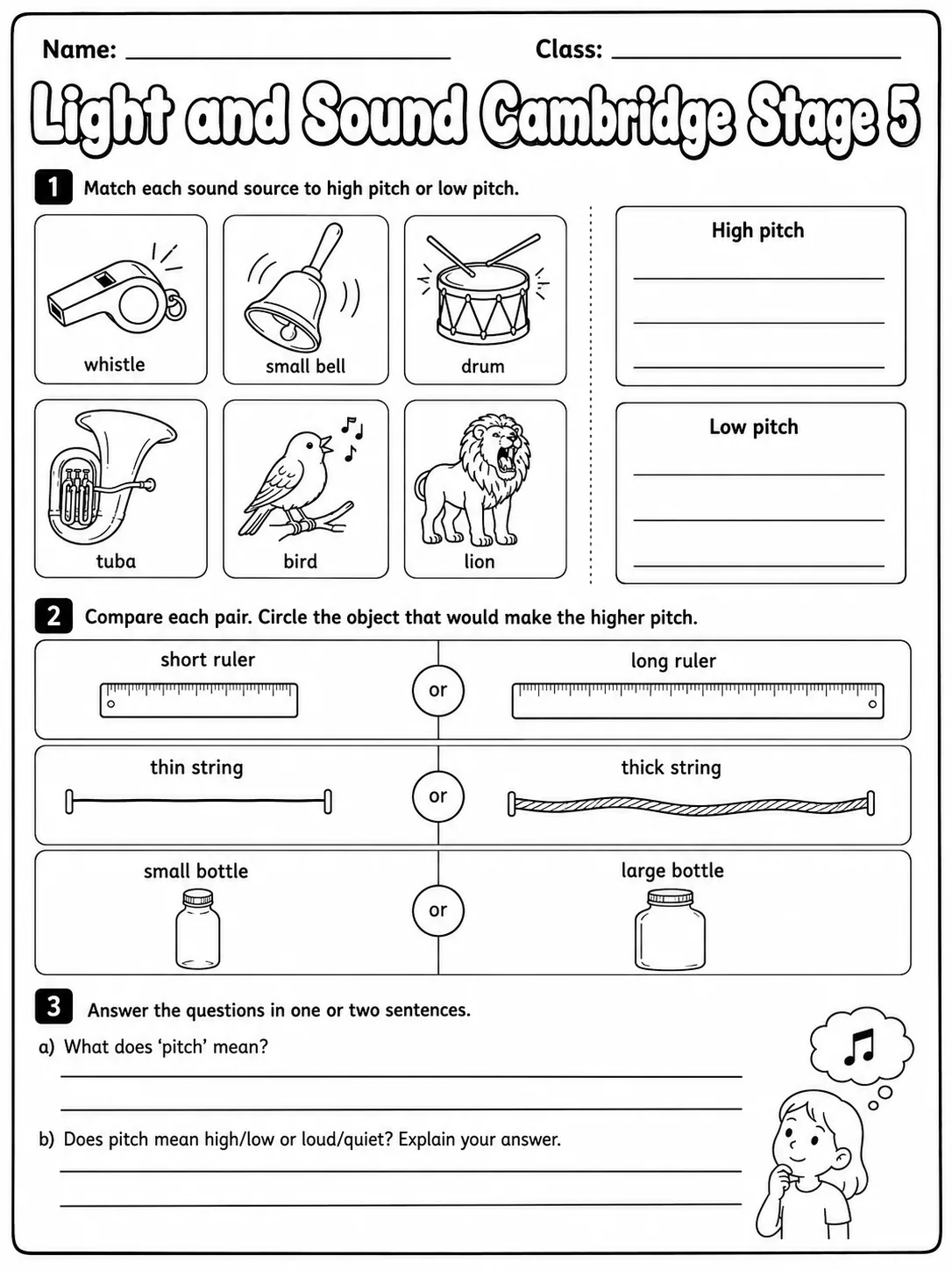 Light and Sound Cambridge Stage 5 page 3 printable Cambridge science worksheet preview