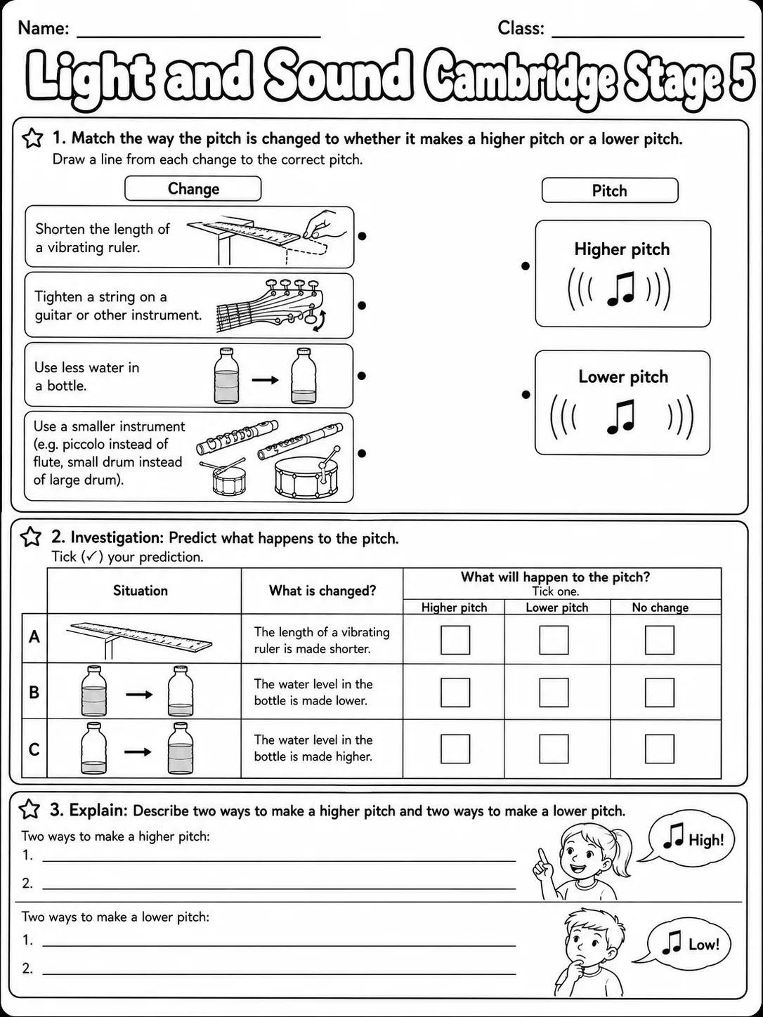 Light and Sound Cambridge Stage 5 page 5 printable Cambridge science worksheet preview