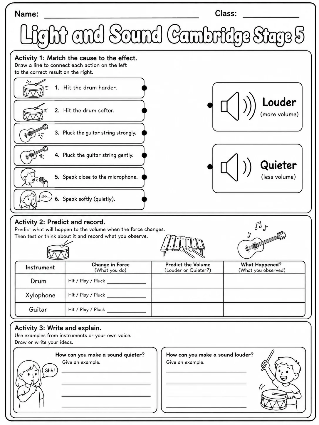 Light and Sound Cambridge Stage 5 page 6 printable Cambridge science worksheet preview