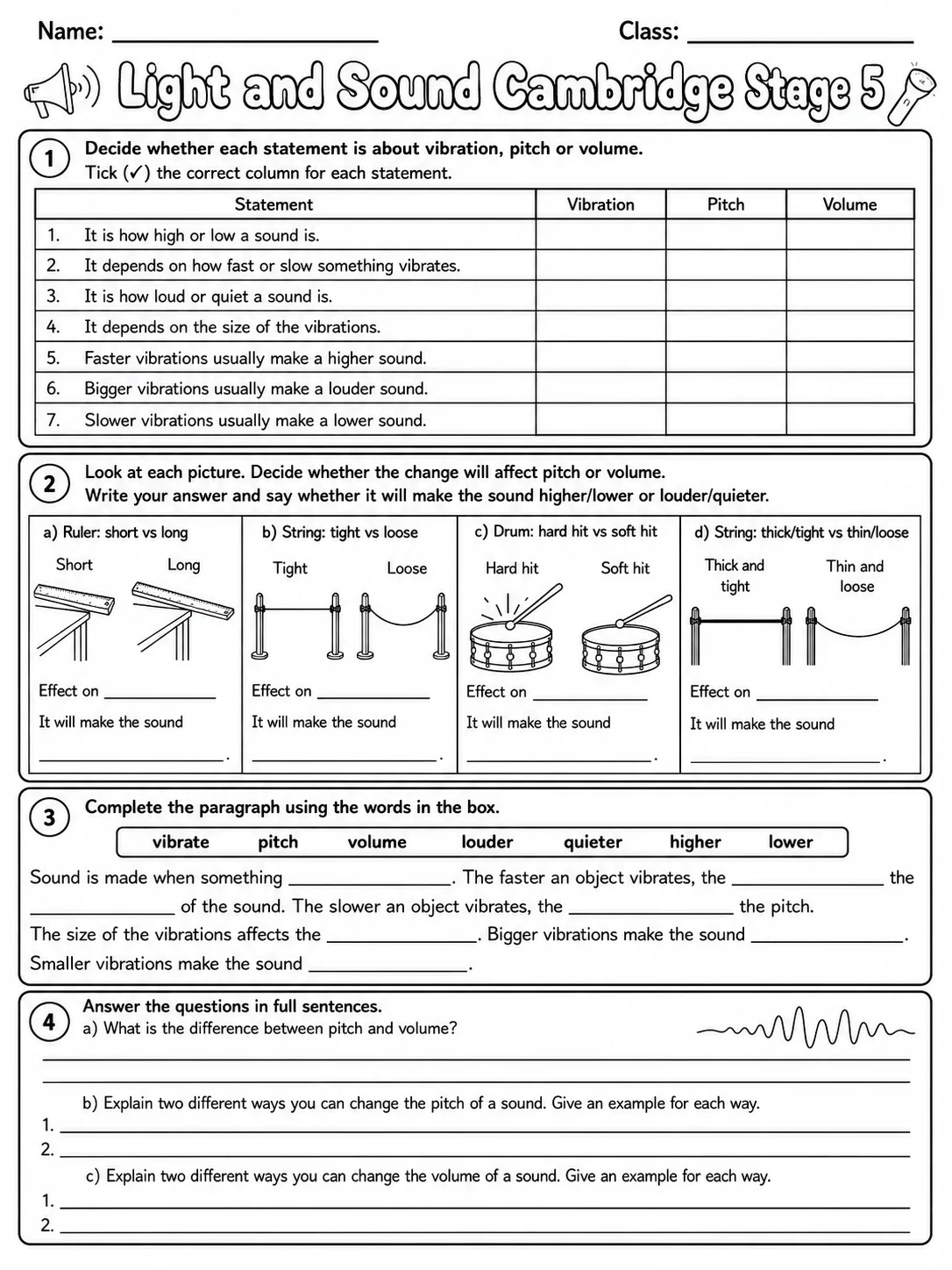 Light and Sound Cambridge Stage 5 page 7 printable Cambridge science worksheet preview
